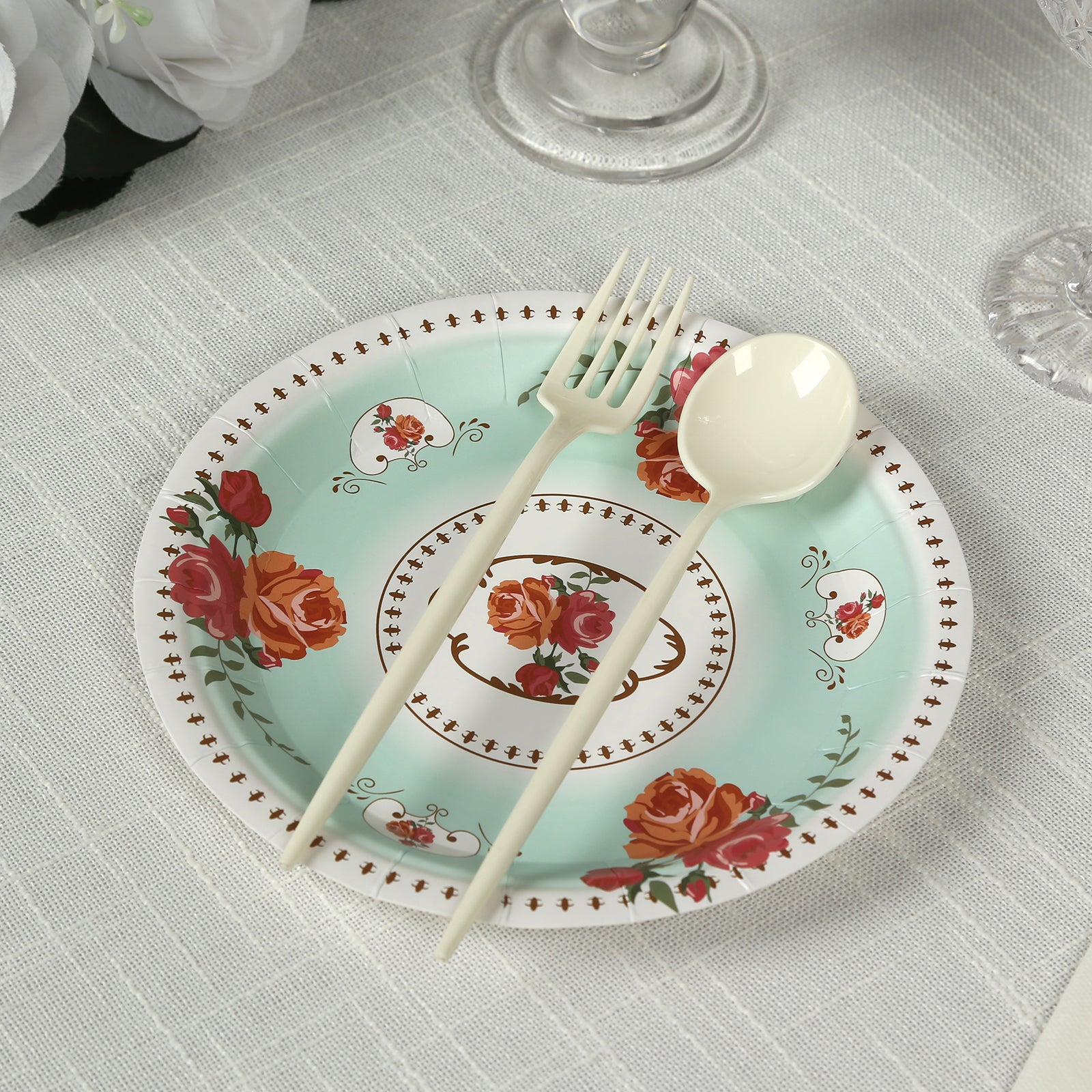 25-Pack Paper 7 Round Dessert Plates in Turquoise with Vintage Rose Flower Print - Disposable Appetizer Salad Plates