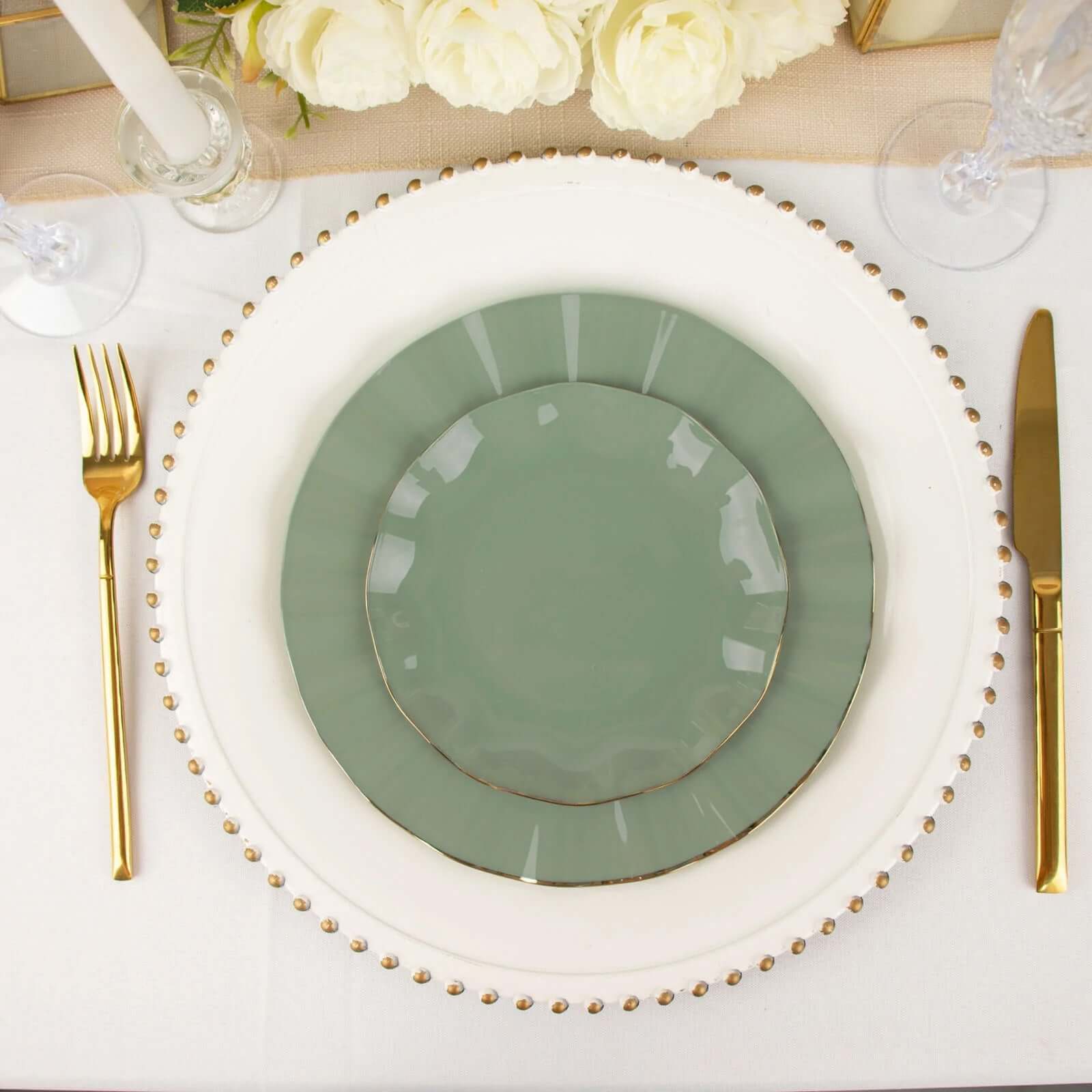 10-Pack Plastic Round 6 Dessert Plates in Dusty Sage Green Ruffled Rim with Gold Edging - Sturdy Disposable Salad Appetizer Dinnerware
