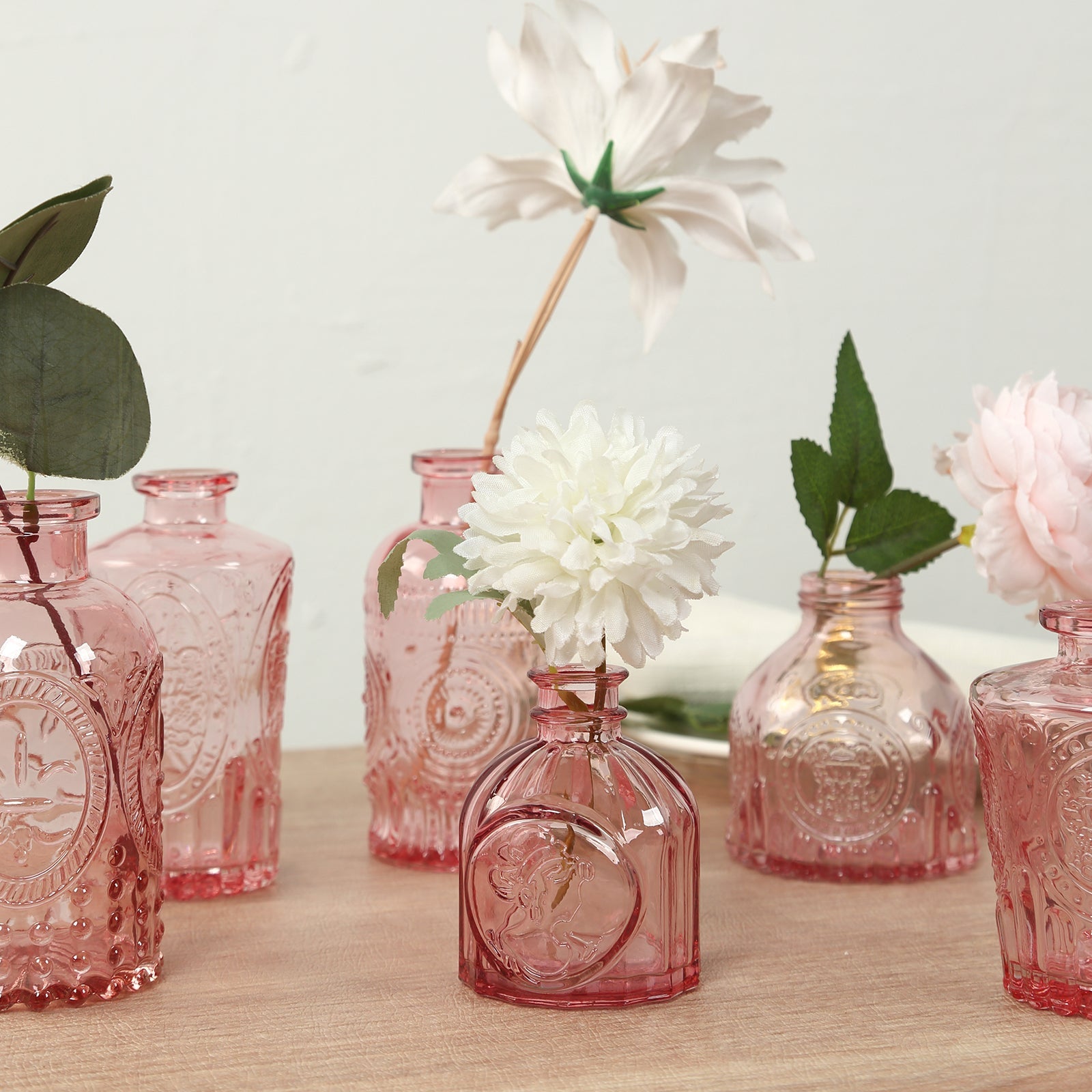 Set of 6 Embossed Glass Bud Vases Vintage Dusty Rose - Apothecary Style Decorative Table Centerpieces