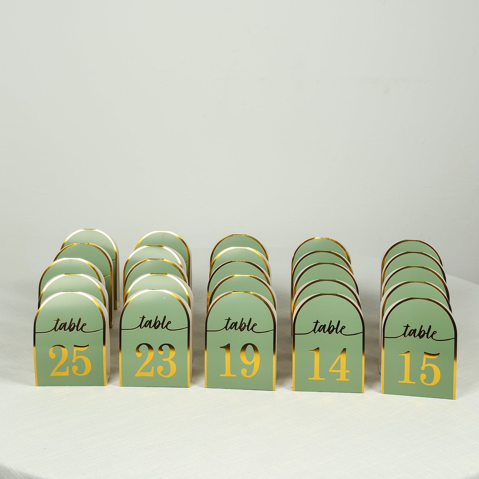 25-Pack Paper Wedding Table Numbers 1-25 Sage Green Arch Cutout Design - Sleek & Modern Free Standing Double Sided Table Tent Cards with Metallic Gold Foil Numbers 7