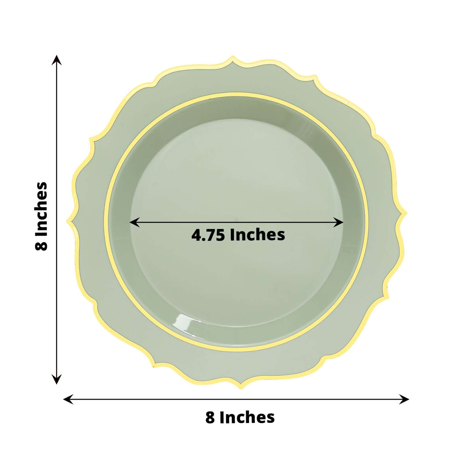 10-Pack Plastic 8 Round Desert Plates in Sage Green with Gold Scalloped Rim - Disposable Appetizer/Salad Plates