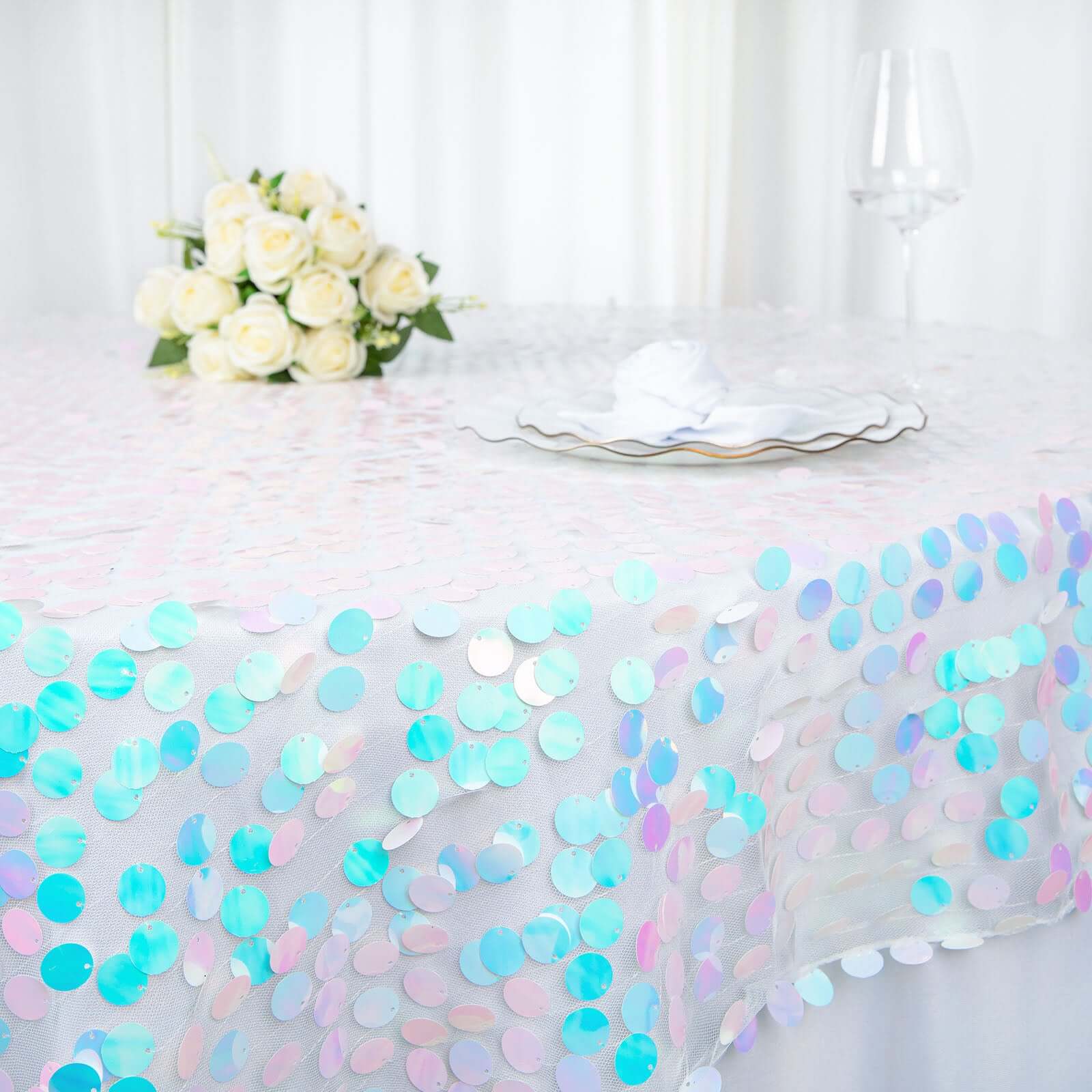 Sequin 72x72 Table Overlay Square Tablecloth Iridescent Blue - Big Payette Table Cover