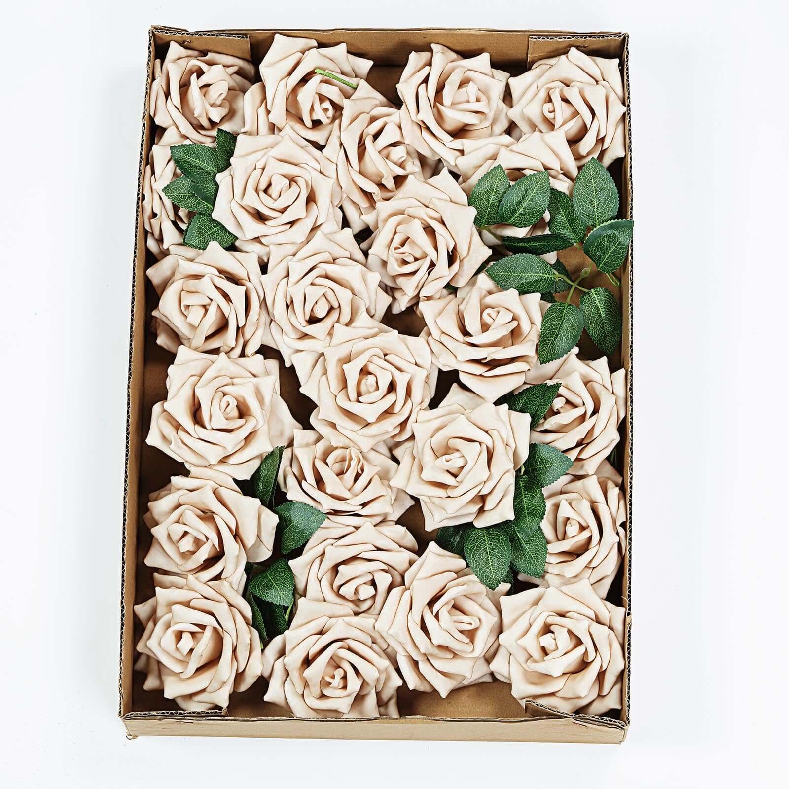 24 Roses 5 Champagne Artificial Foam Flowers With Stem Wire and Leaves