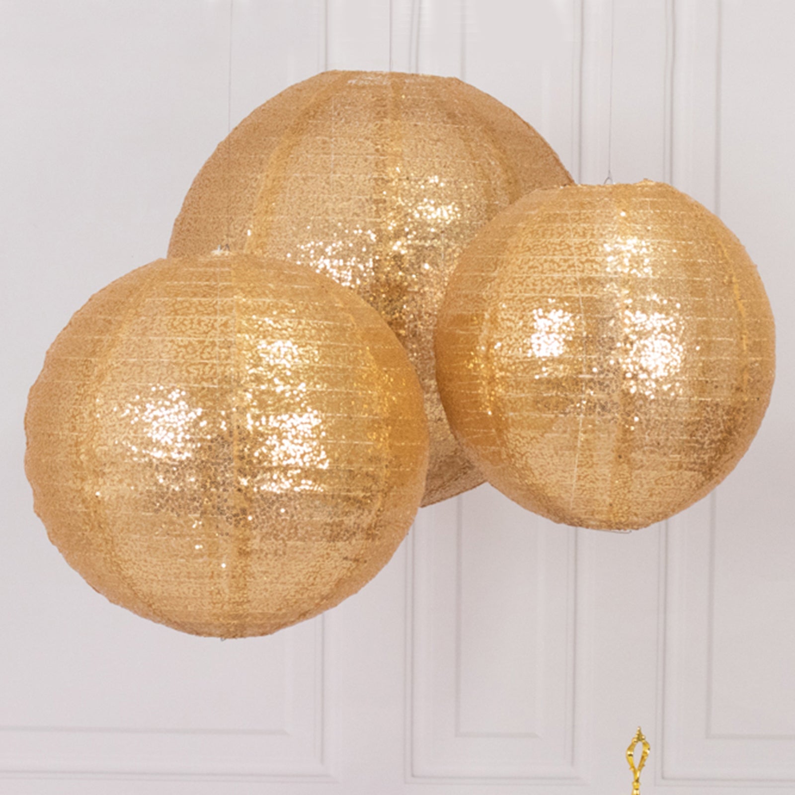 Set of 3 Glitter Gold Sequin Fabric Hanging Lanterns, Large Decorative Round Foldable Chinese Lantern Lampshades - 14,16,20