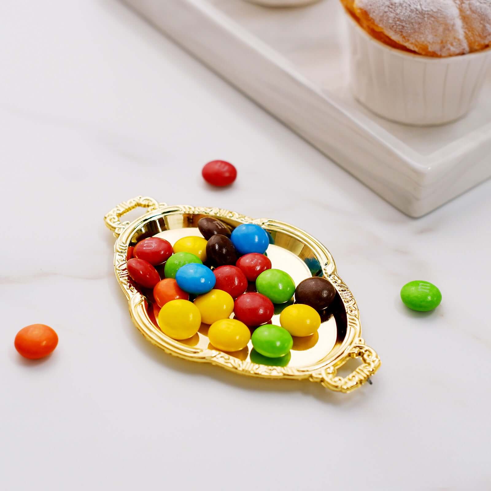 12-Pack Display Trays Party Favor Baroque Oval Design Gold - Mini Serving Platters for Sweets and Desserts 4.5