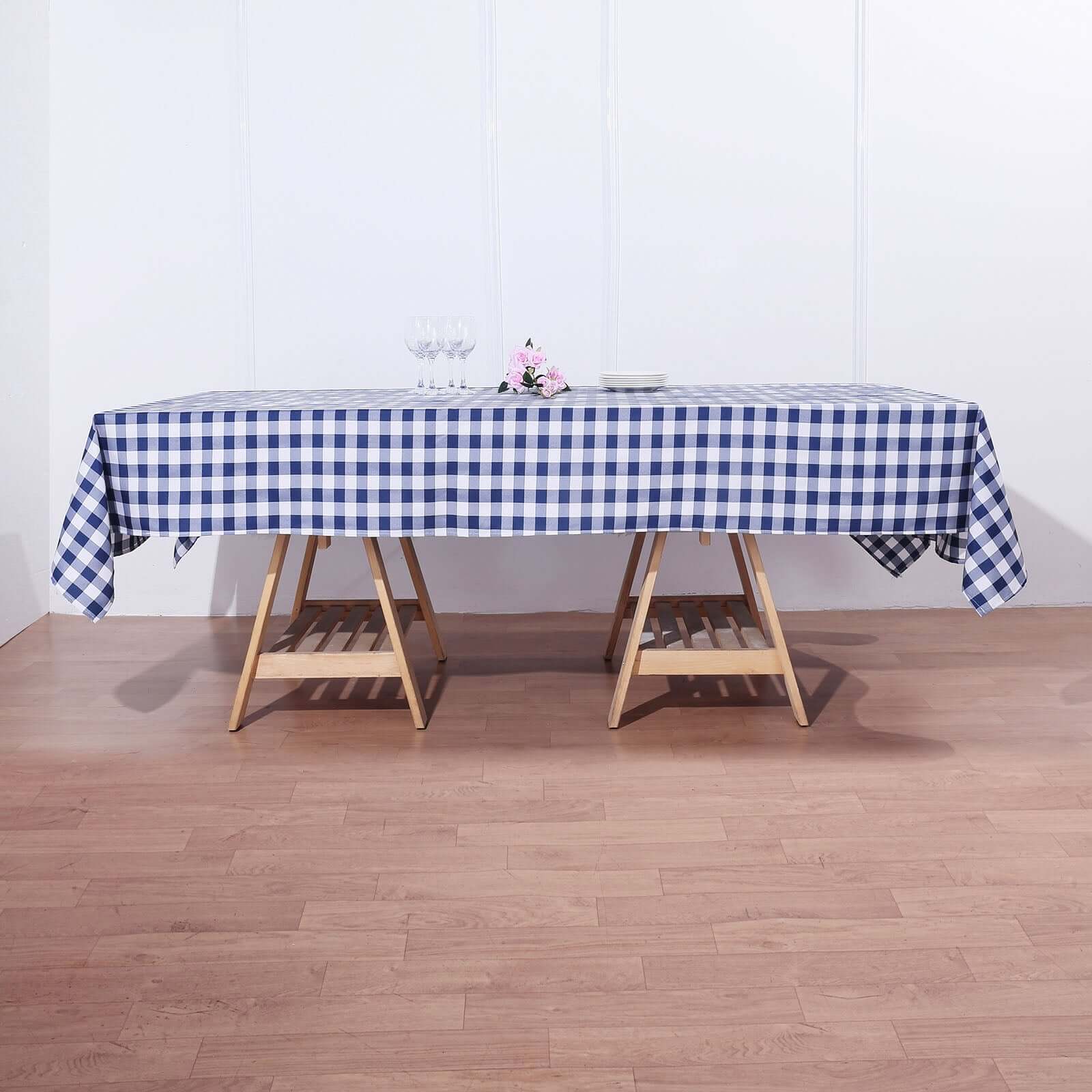 Polyester 60x102 Rectangle Tablecloth White/Navy Blue - Checkered Buffalo Plaid Table Cover