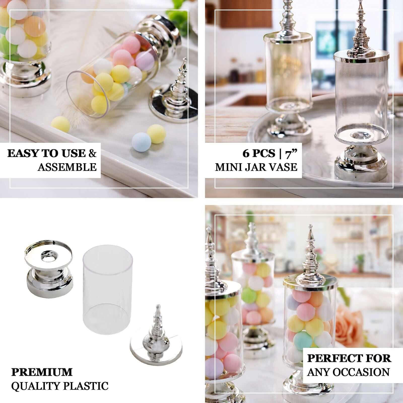 6-Pack Pillar Candy Jar Candy Container Clear/Silver - Decorative Apothecary Jars for Party Favors 7