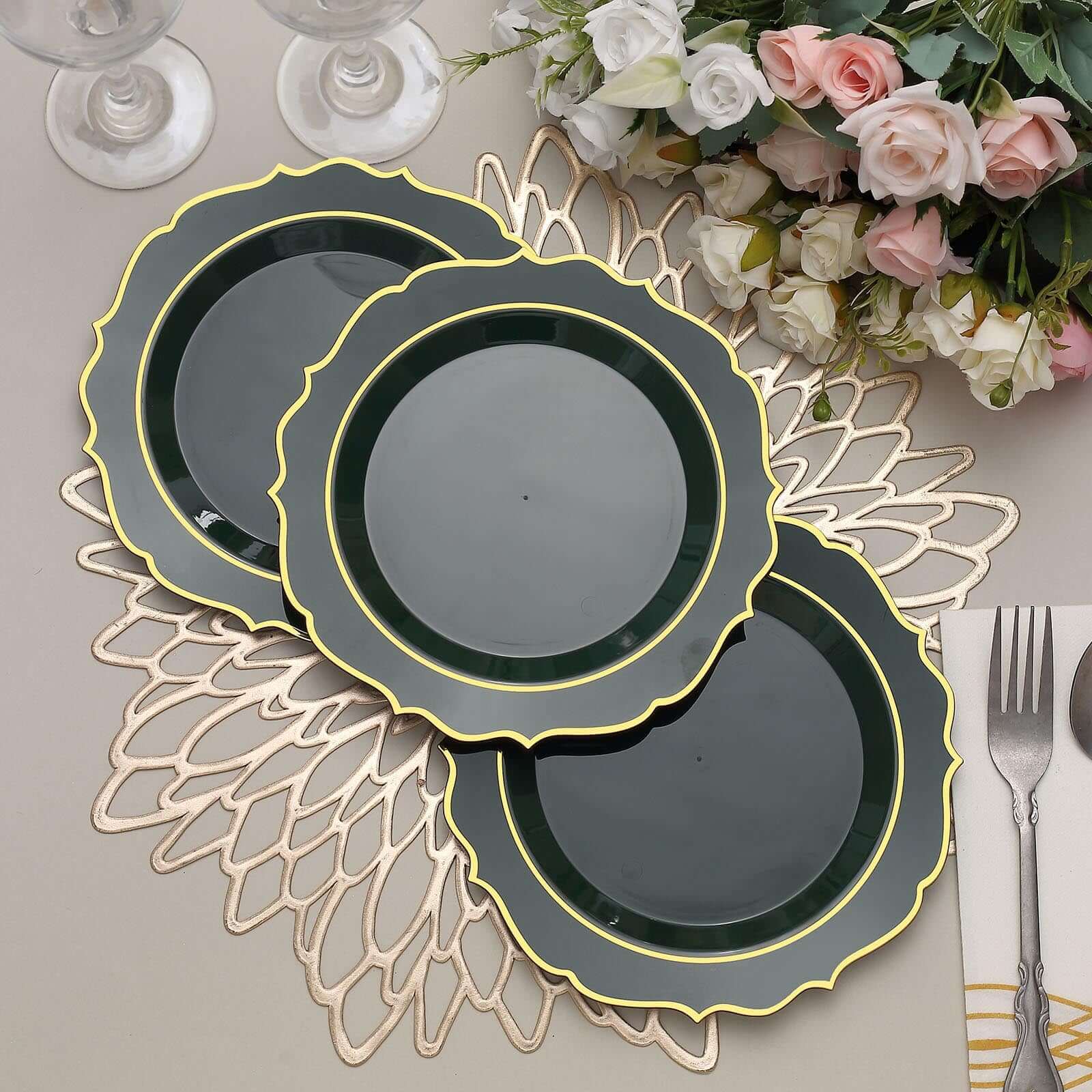 10-Pack Plastic 8 Round Desert Plates in Hunter Emerald Green with Gold Scalloped Rim - Disposable Appetizer/Salad Plates