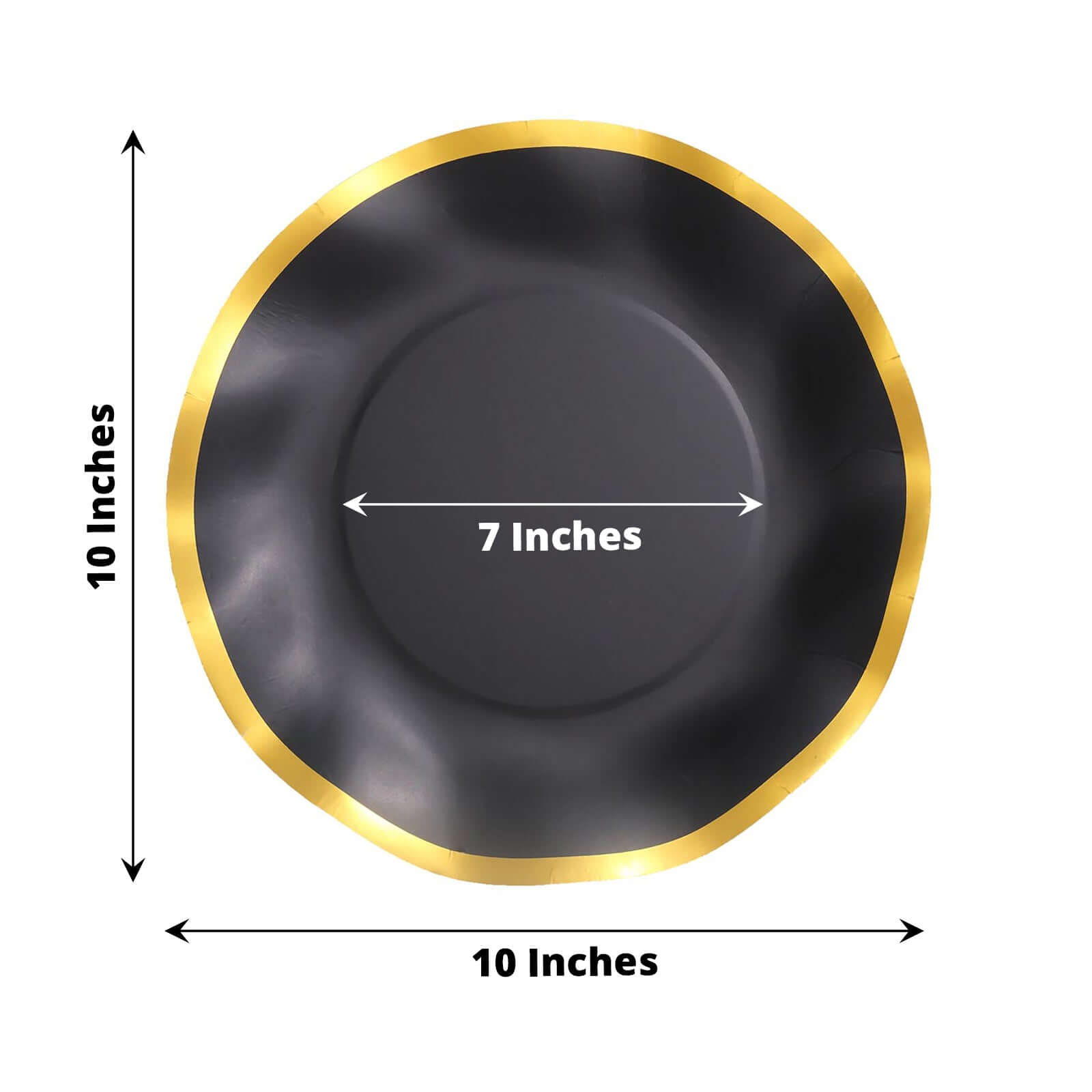 25-Pack Paper Round Dinner Plates 10 Matte Black with Gold Wavy Rim - Disposable 350GSM Party Plates