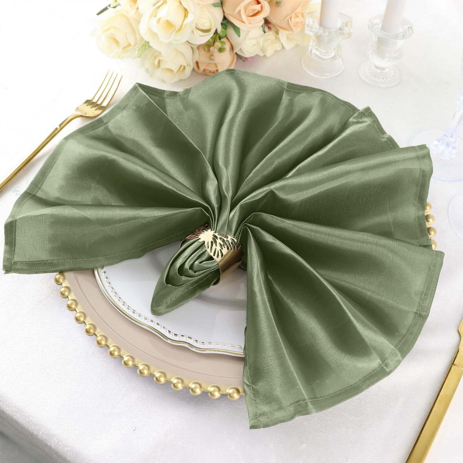 5 Pack Satin 20x20 Napkins Dusty Sage Green - Luxurious Shine & Smooth Dinner Napkins