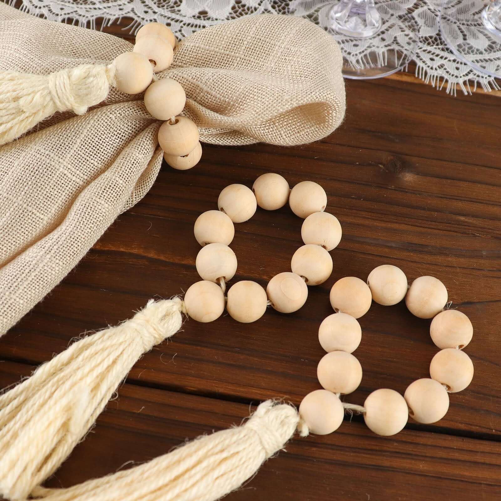 4 Pack 6 Cream Rustic Boho Chic Wood Bead Napkin Rings With Tassels, Farmhouse Country Napkin Holders