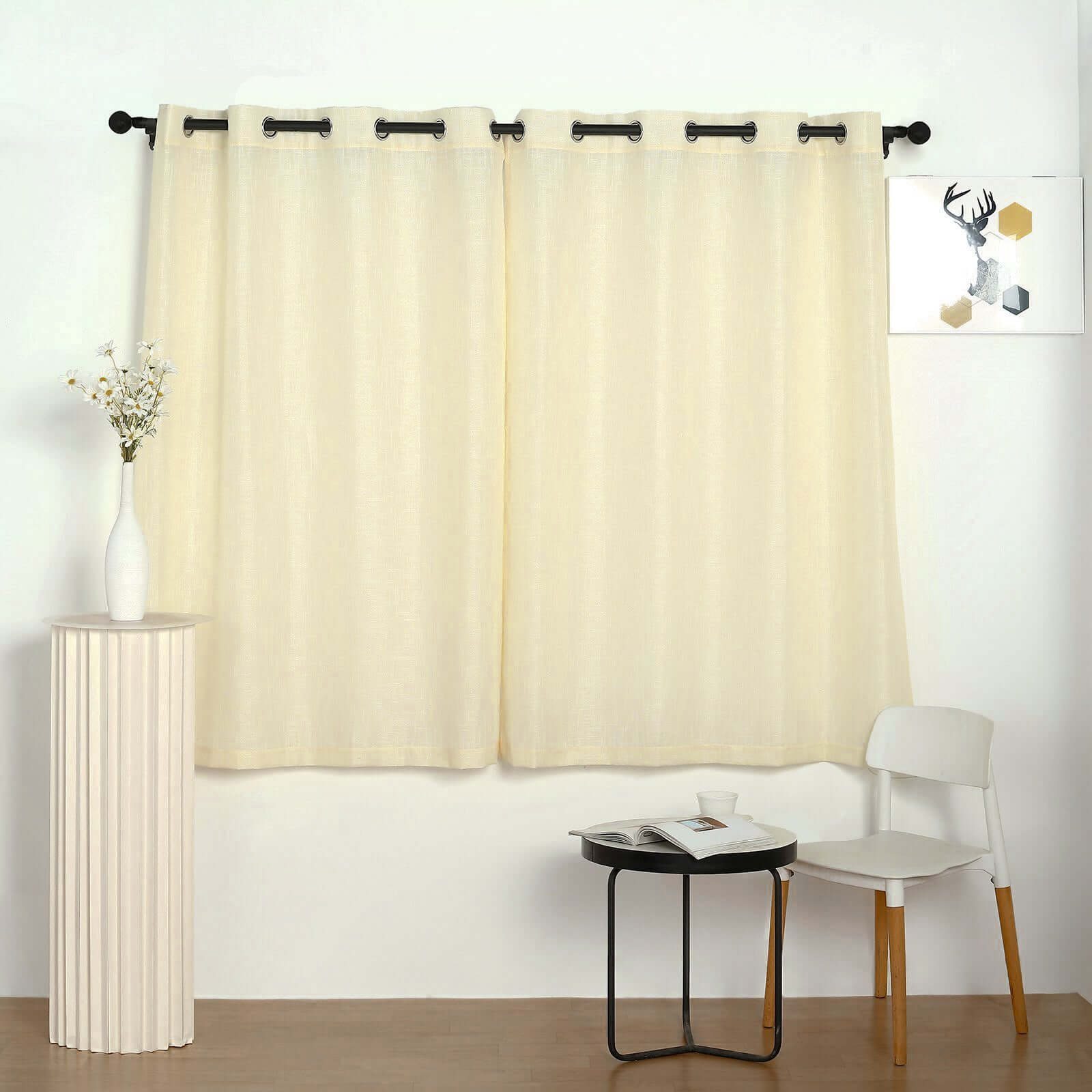 2 Pack Handmade Ivory Faux Linen Curtains 52x64, Curtain Panels With Chrome Grommets