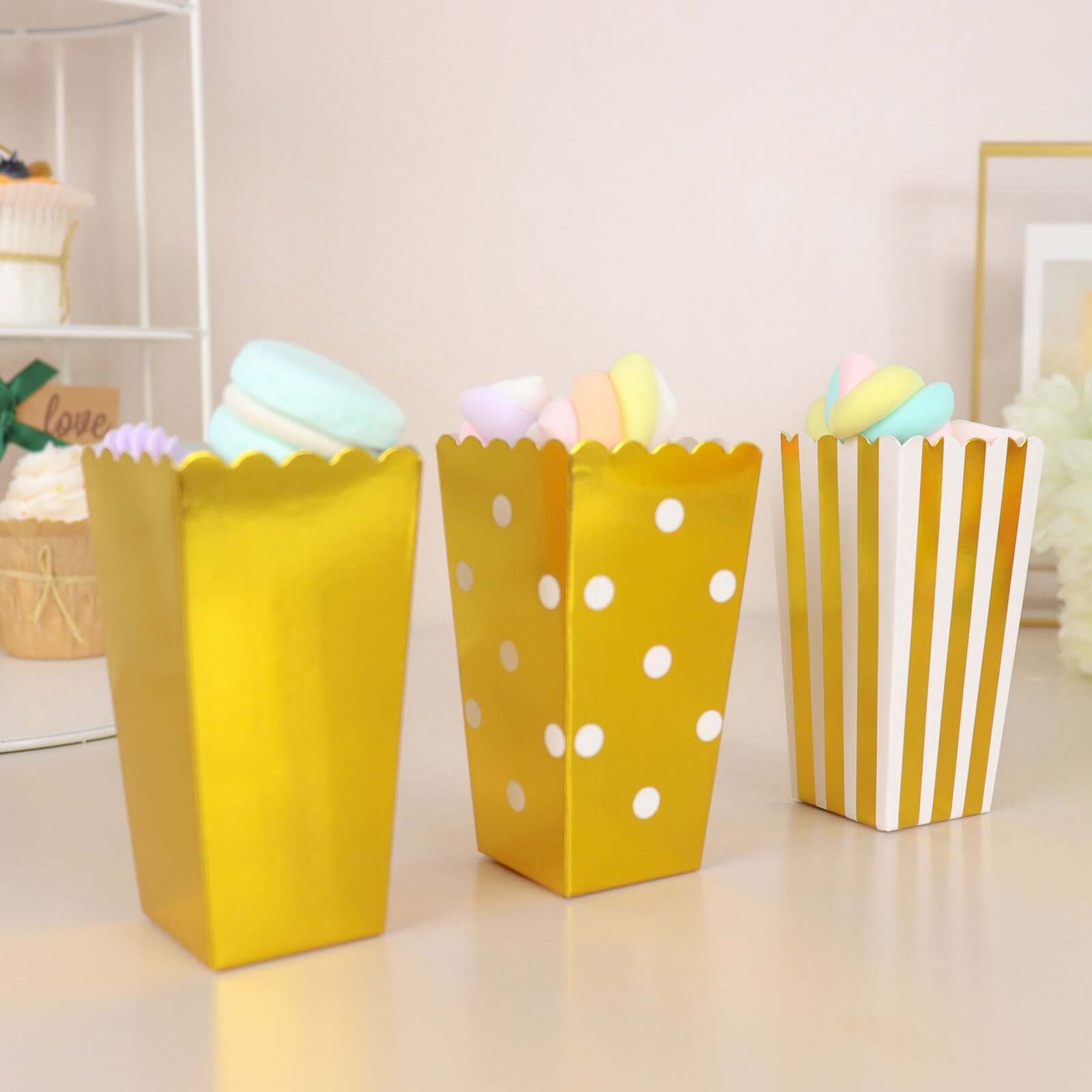 36 Pack 5 White Gold Design Mini Paper Popcorn Boxes, Candy Favor Disposable Bags - Stripe, Polka Dot, Solid Style