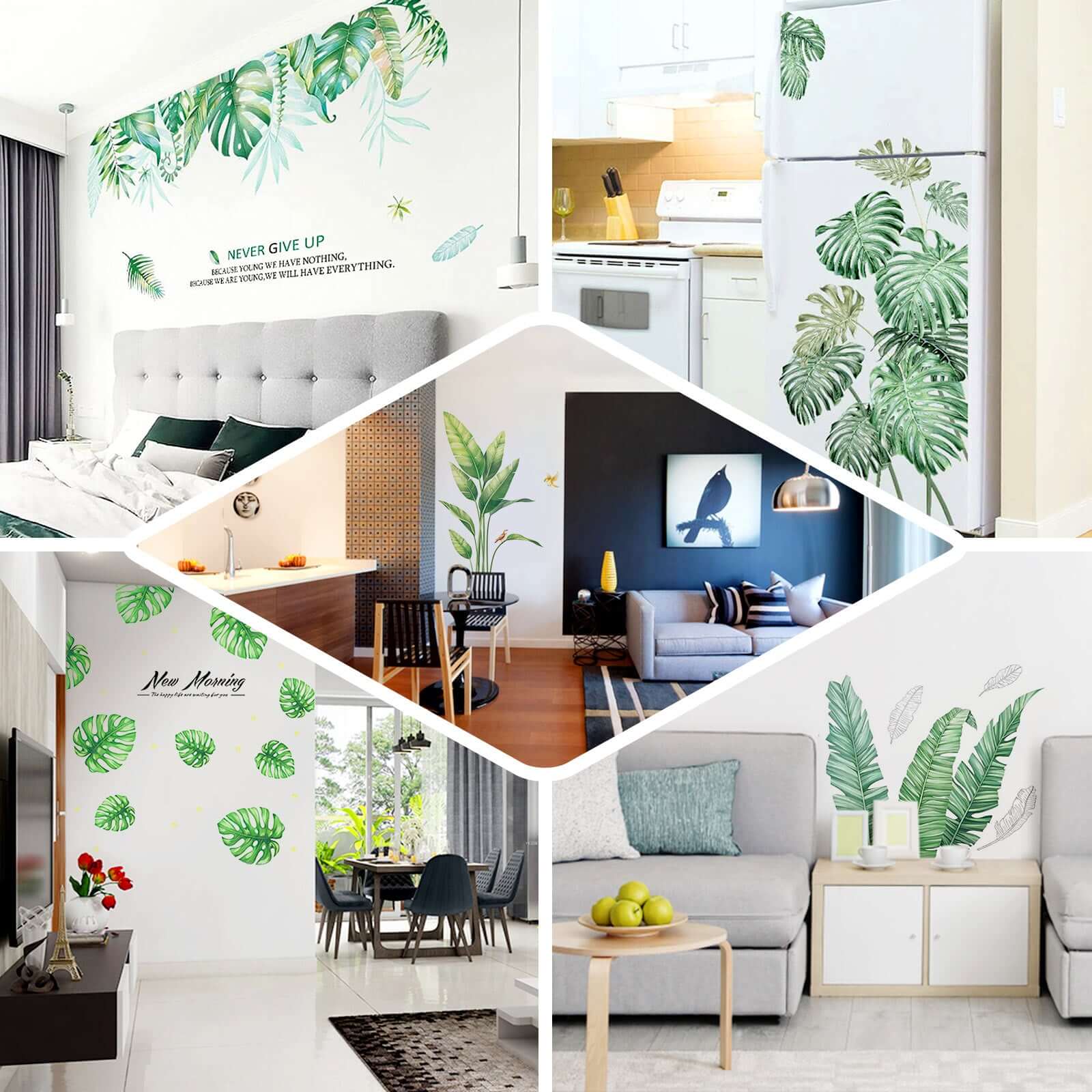 Green Tropical Monstera Leaves Wall Decals, Plant Peel Removable Stickers