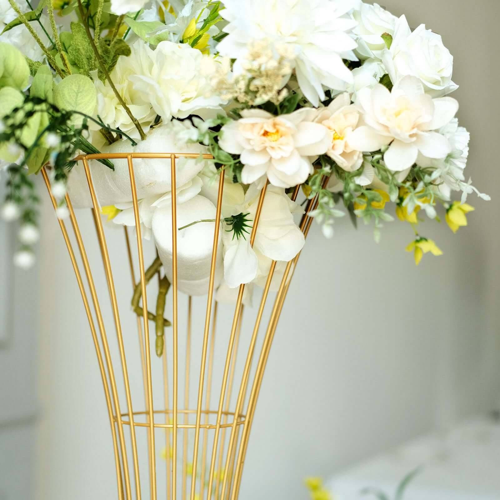 36 Tall Gold Metal Wire Hourglass Flower Frame Stand, Open Frame Reversible Trumpet Centerpiece Stand