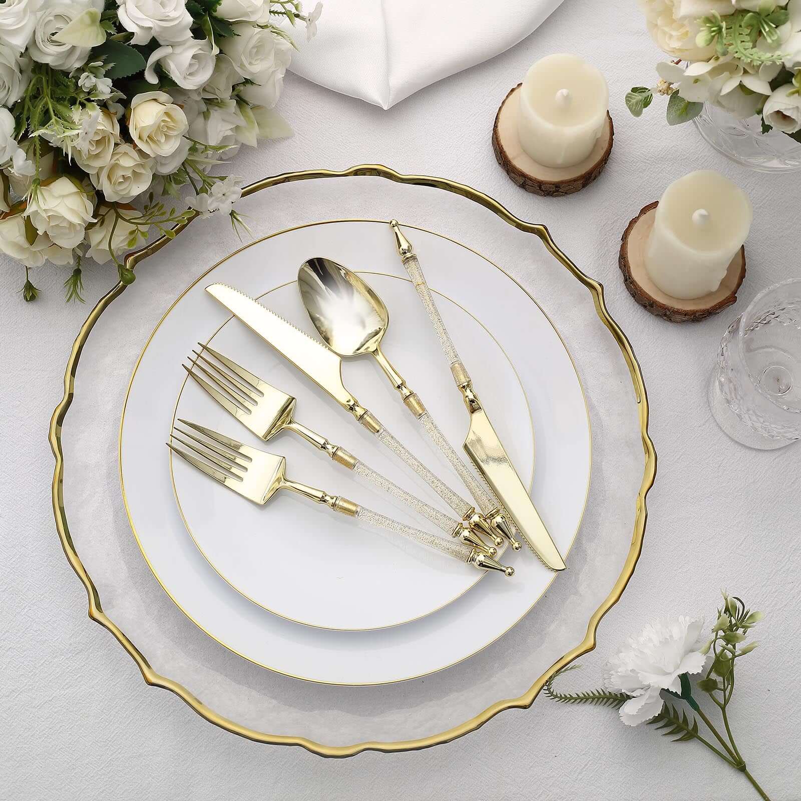 24-Pack Plastic Utensil Set with Roman Column Handle Gold/Clear - Glittered Disposable Silverware