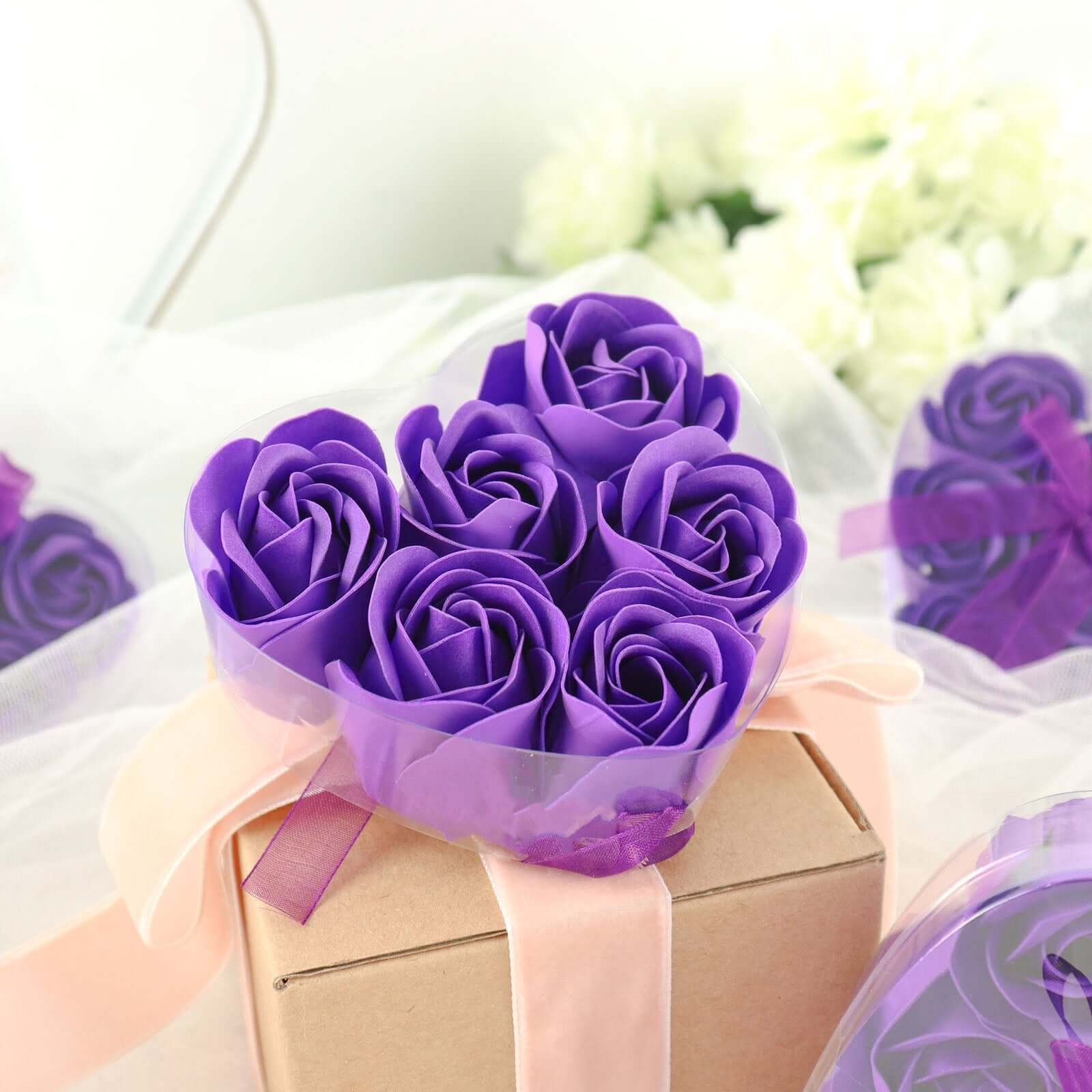 4 Pack 24 Pcs Purple Scented Rose Soap Heart Shaped Party Favors With Gift Boxes And Ribbon