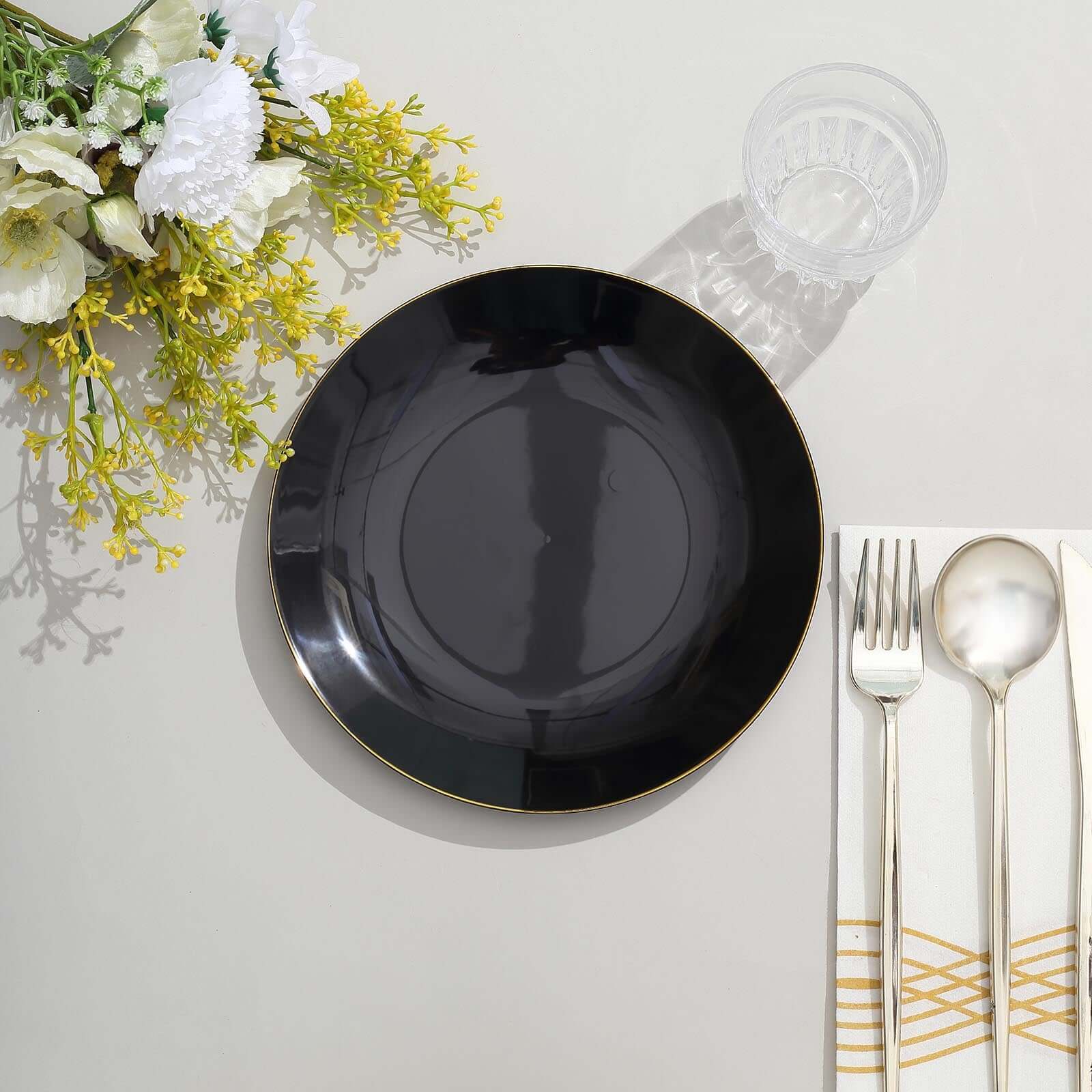 10-Pack Plastic 8 Round Dessert Plates in Black with Gold Rim - Glossy Disposable Appetizer Salad Plates