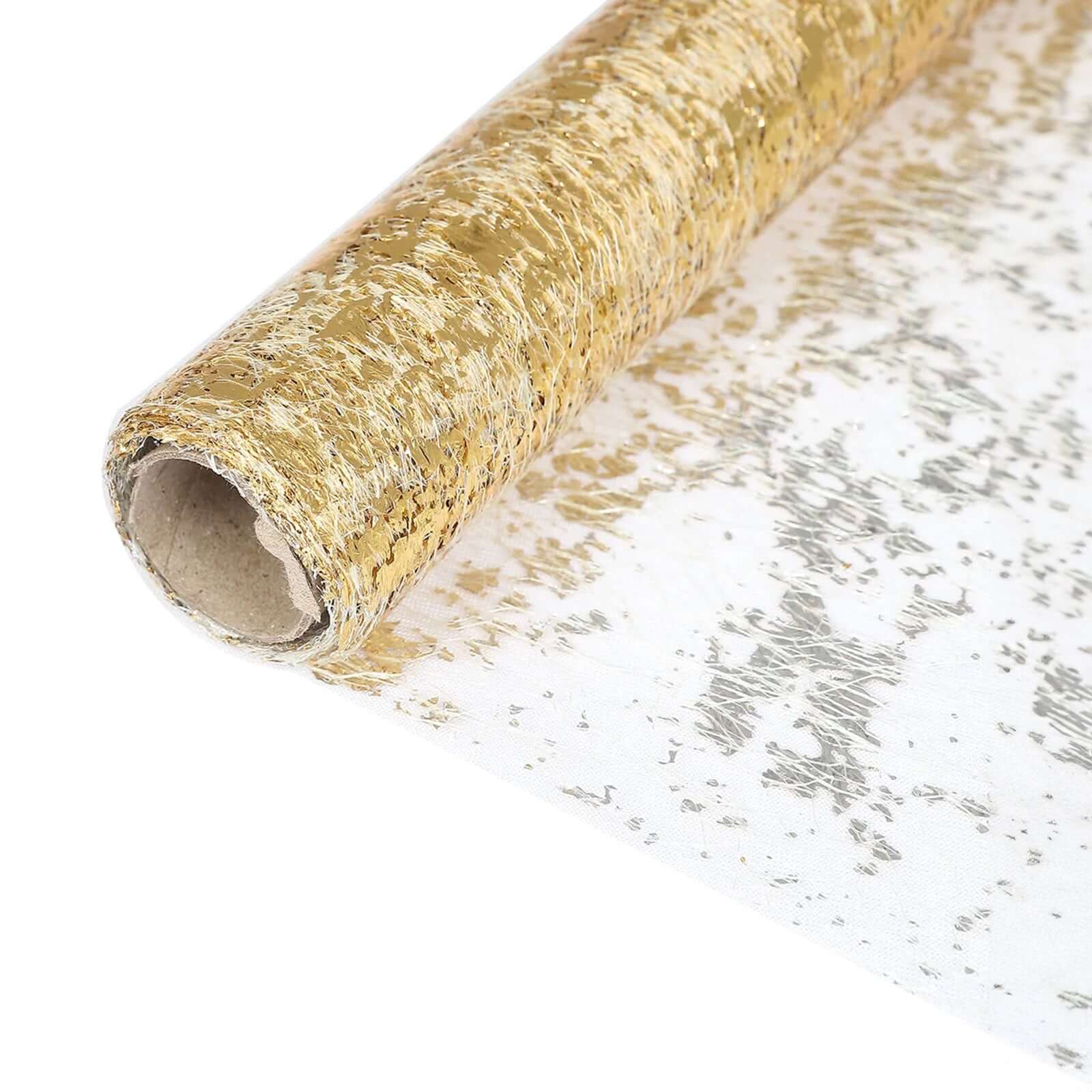 Mesh Polyester 108 Table Runner Roll Metallic Gold Distressed Foil Printing Design - Disposable Stylish Party Table Decor