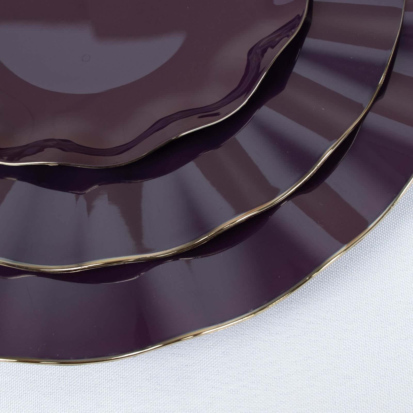 10-Pack Plastic 11 Round Dinner Plates in Purple Ruffled Rim with Gold Edging - Sturdy Disposable Dinnerware