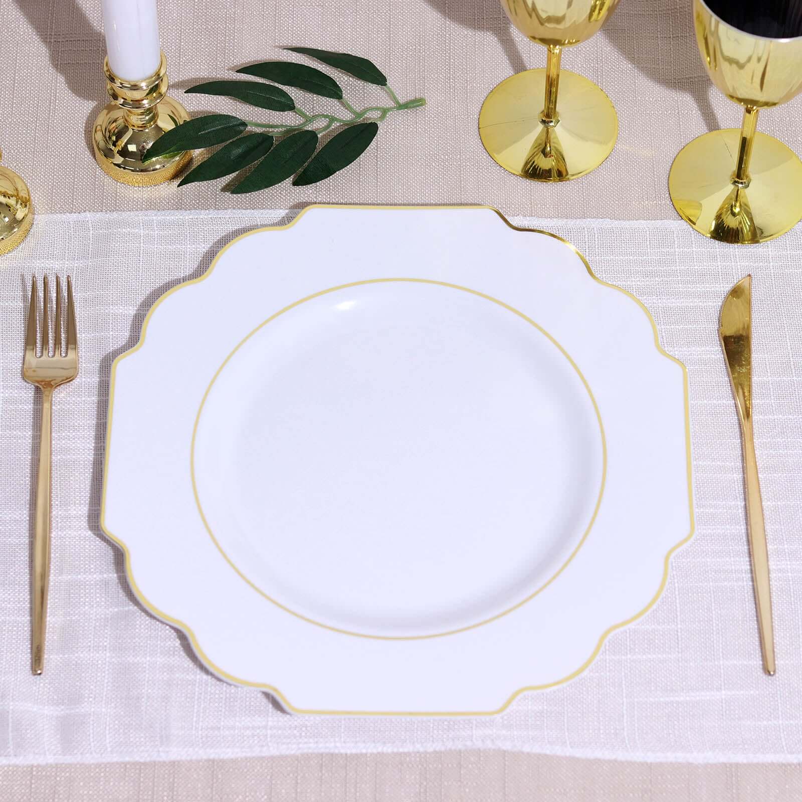 10-Pack Plastic Dinner Plates in White Baroque Design with Scalloped Gold Rim - Heavy Duty Disposable Party Plates for Events & Banquets 11