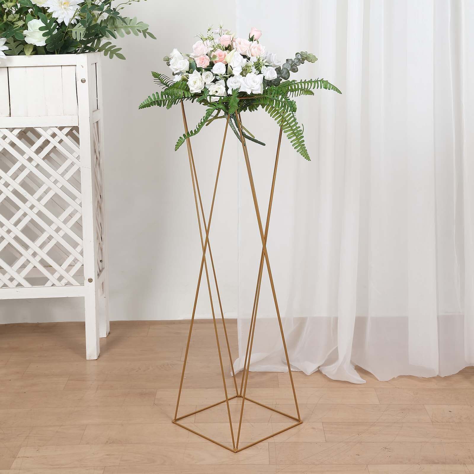 2-Pack Wedding Centerpieces Metal Geometric Crisscross Design Gold - Open Column Pedestal Stands 32