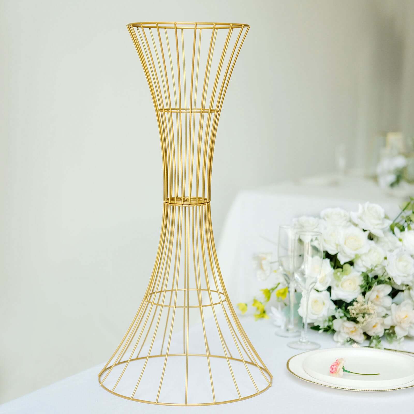 Metal Centerpiece Stand Gold Hourglass Trumpet Shape Design - Flower Open Frame Reversible Pedestal 24