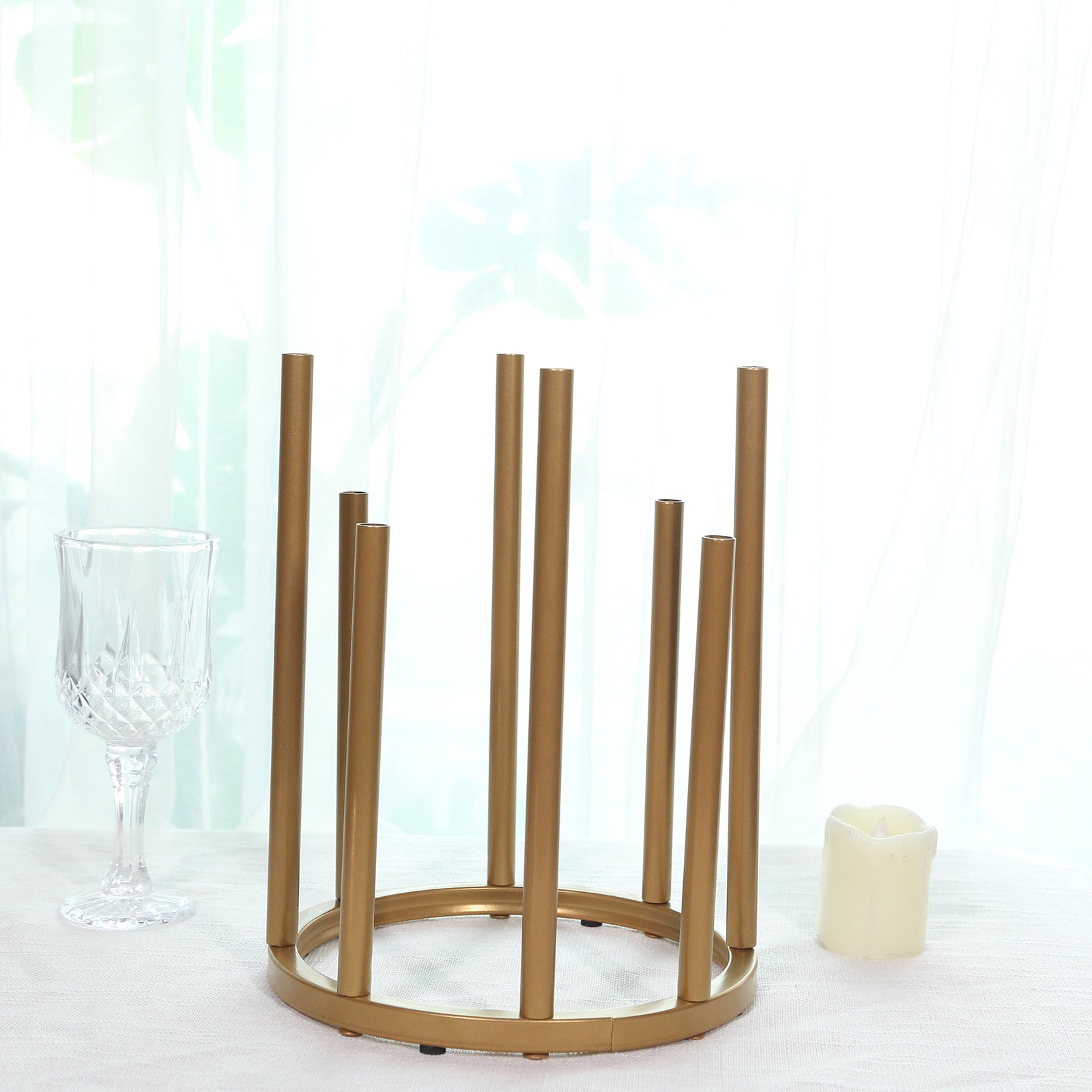 Flower Vase Gold Metal Minimalist 8-Tubes Round Base Design - Single Stem Bud Centerpiece for Arrangements 10