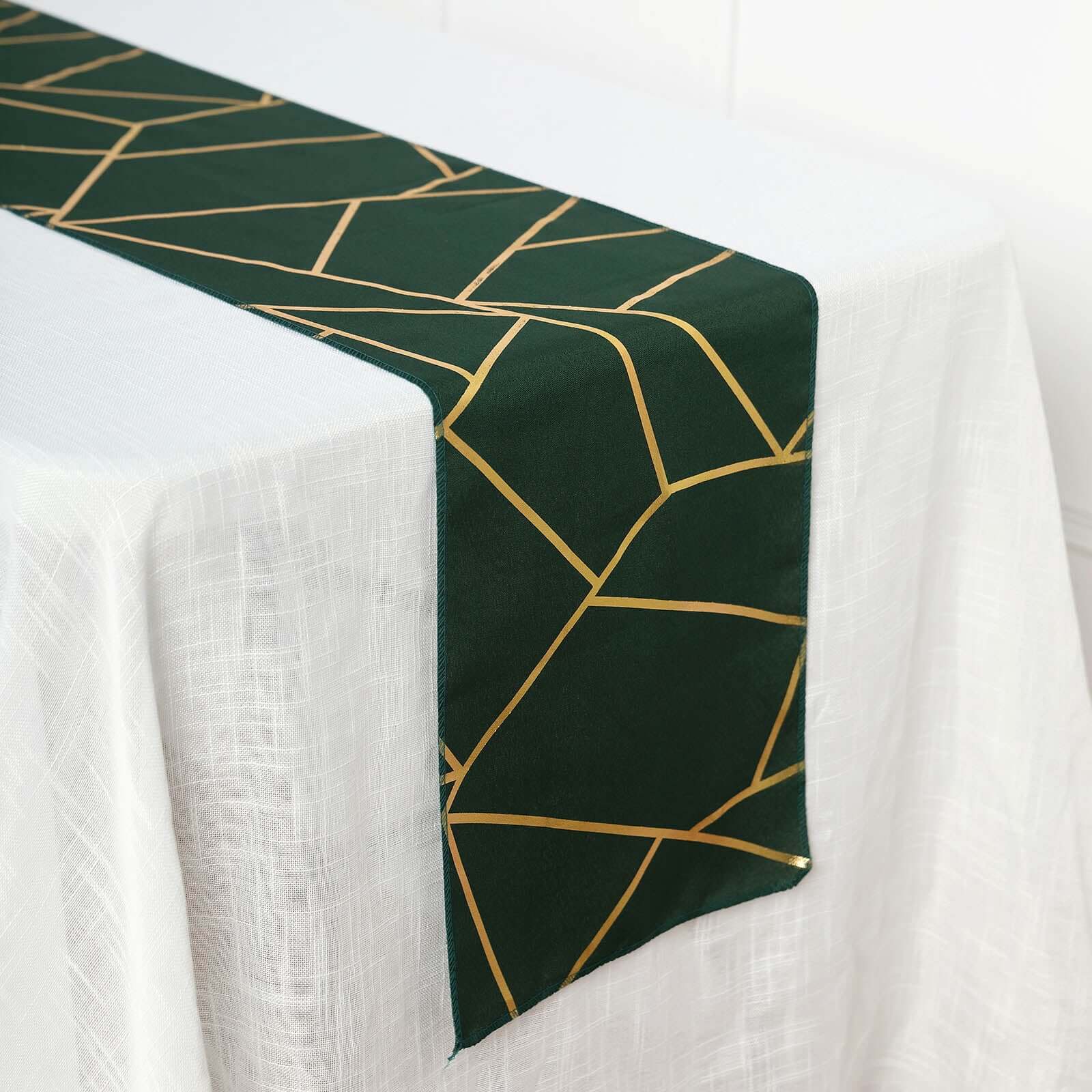 Polyester 9ft Table Runner Hunter Emerald Green with Gold Foil Modern Geometric Accent