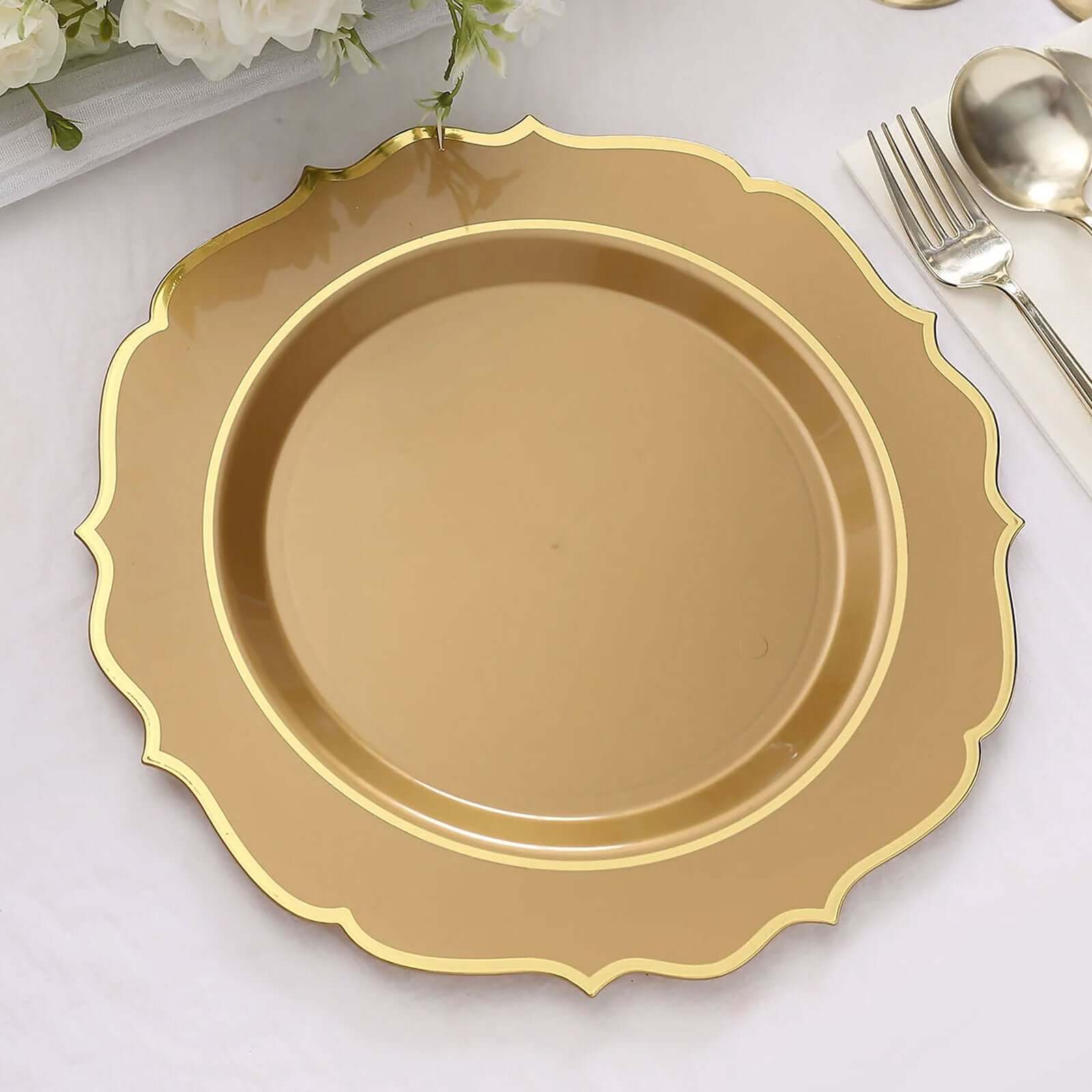 10-Pack Plastic 10 Round Dinner Plates in Gold with Gold Scalloped Rim - Disposable Party Plates