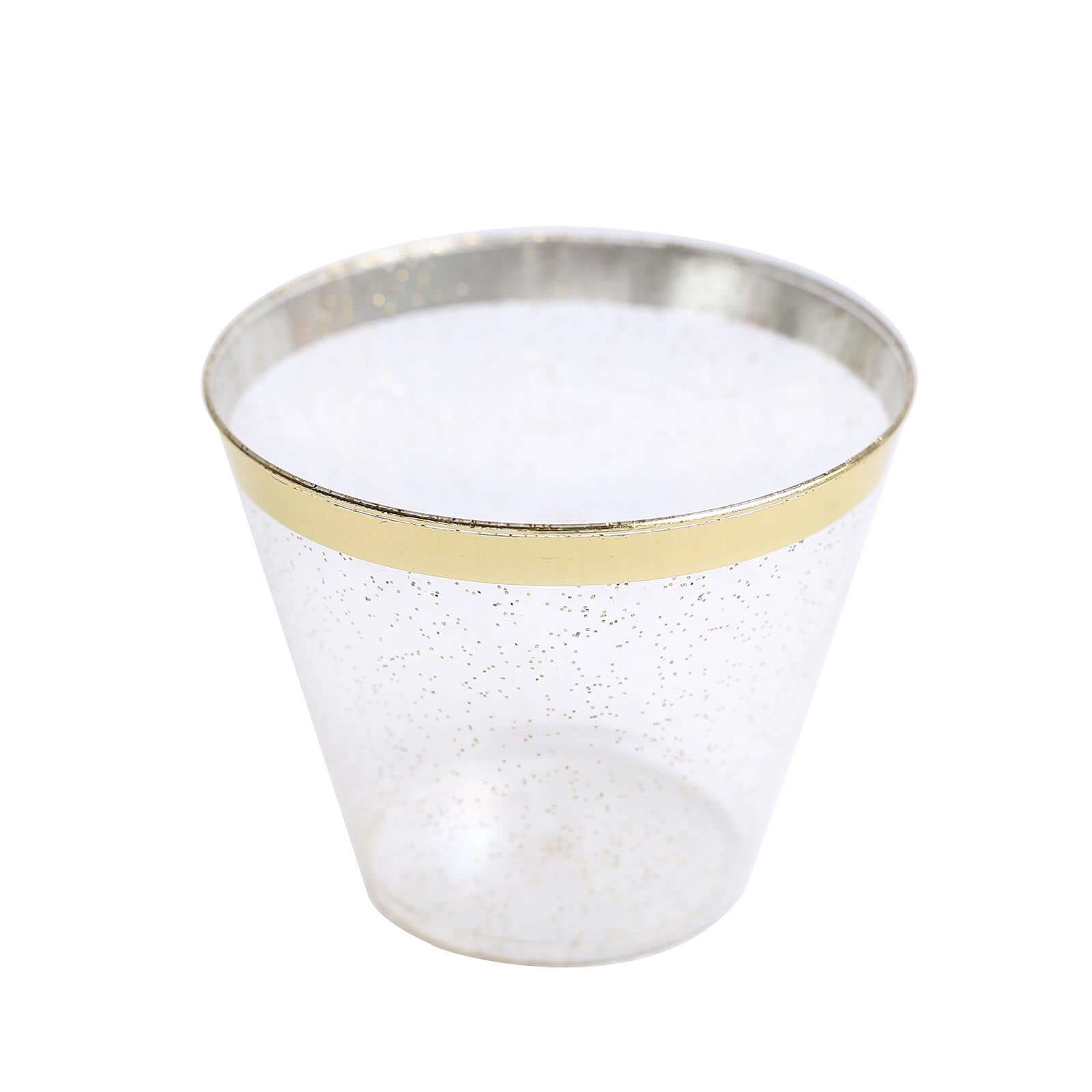 25-Pack Plastic Party Cups Clear/Gold Glitter Crystal with Gold Rim - Stylish Short Disposable Glasses 9oz