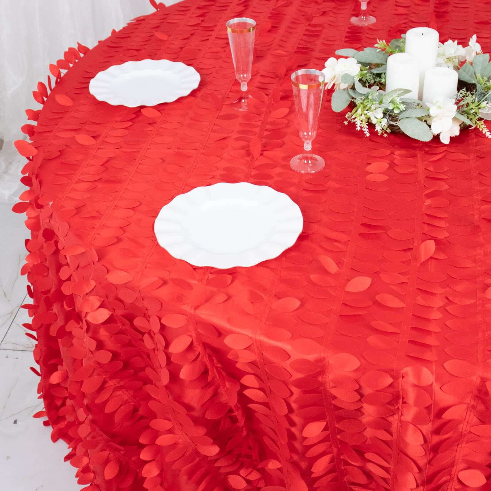 Taffeta 132 Round Tablecloth Red Leaf | 3D Leaf Petal Design Seamless Table Cover