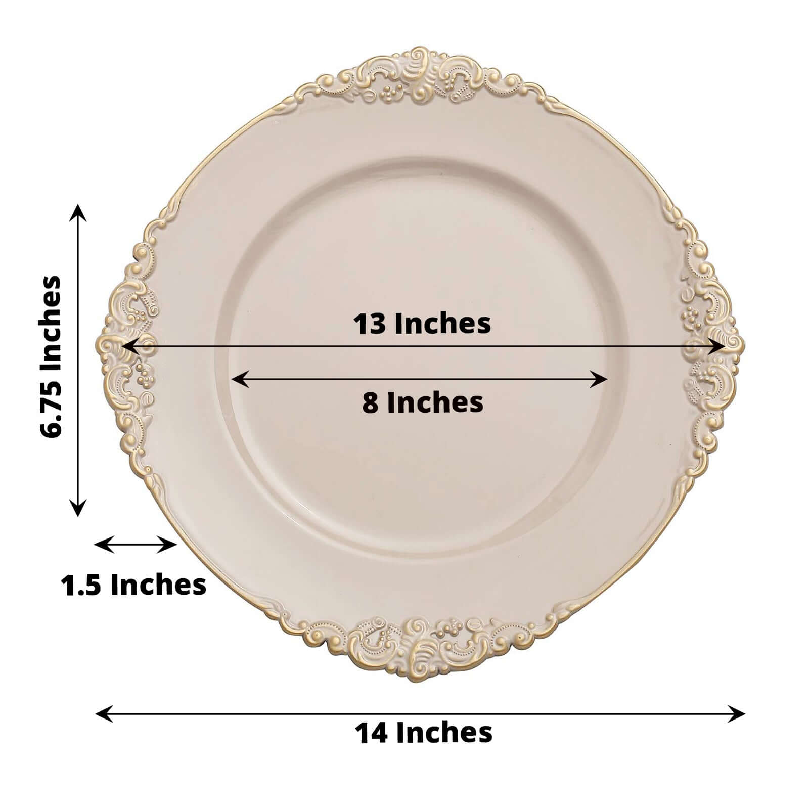 6-Pack Acrylic Round Charger Plates 13 in Nude Taupe with Gold Embossed Baroque Rim, Antique Decorative Dinner Party Charger Tableware