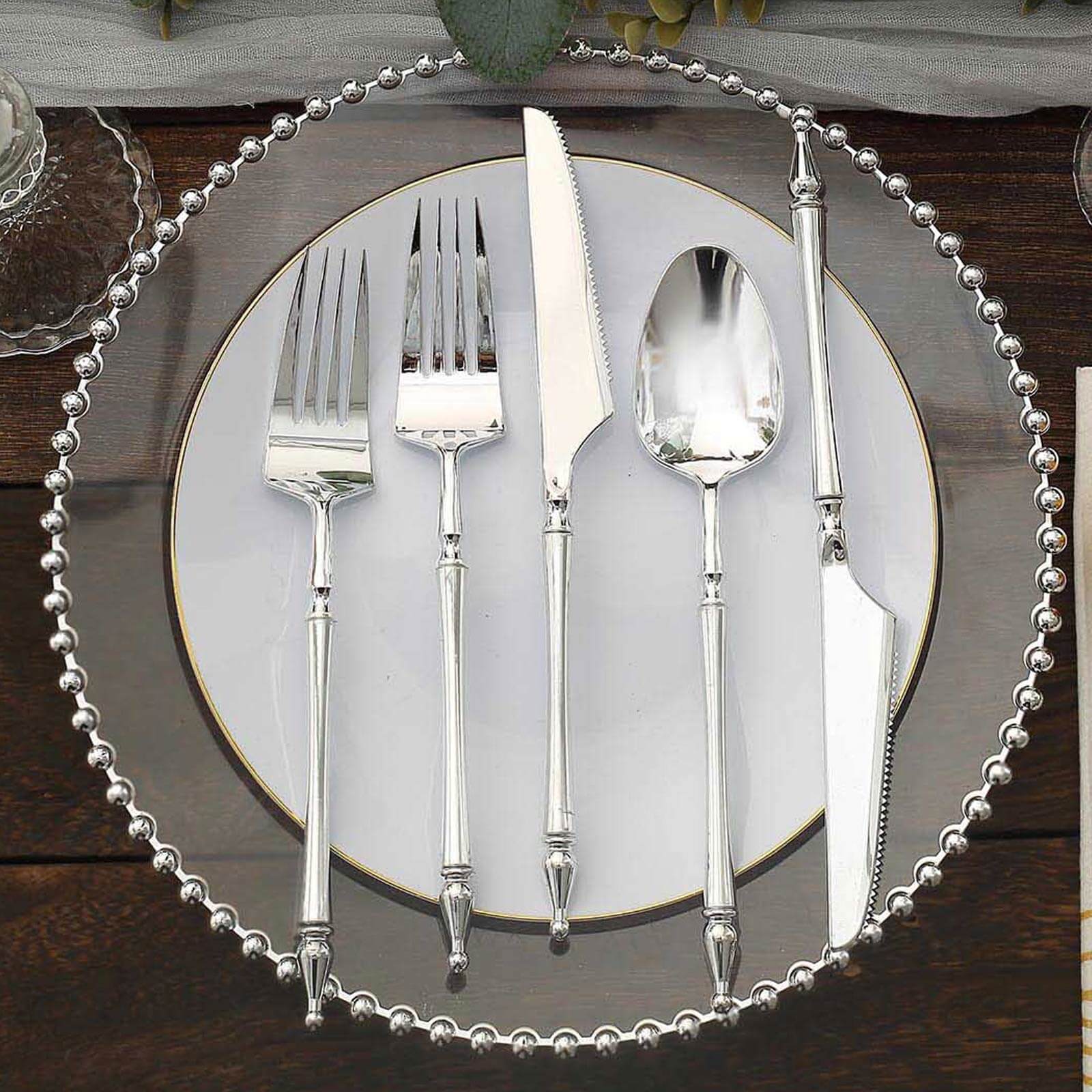 24-Pack Plastic Utensil Set with Roman Column Handle Silver - Disposable Silverware