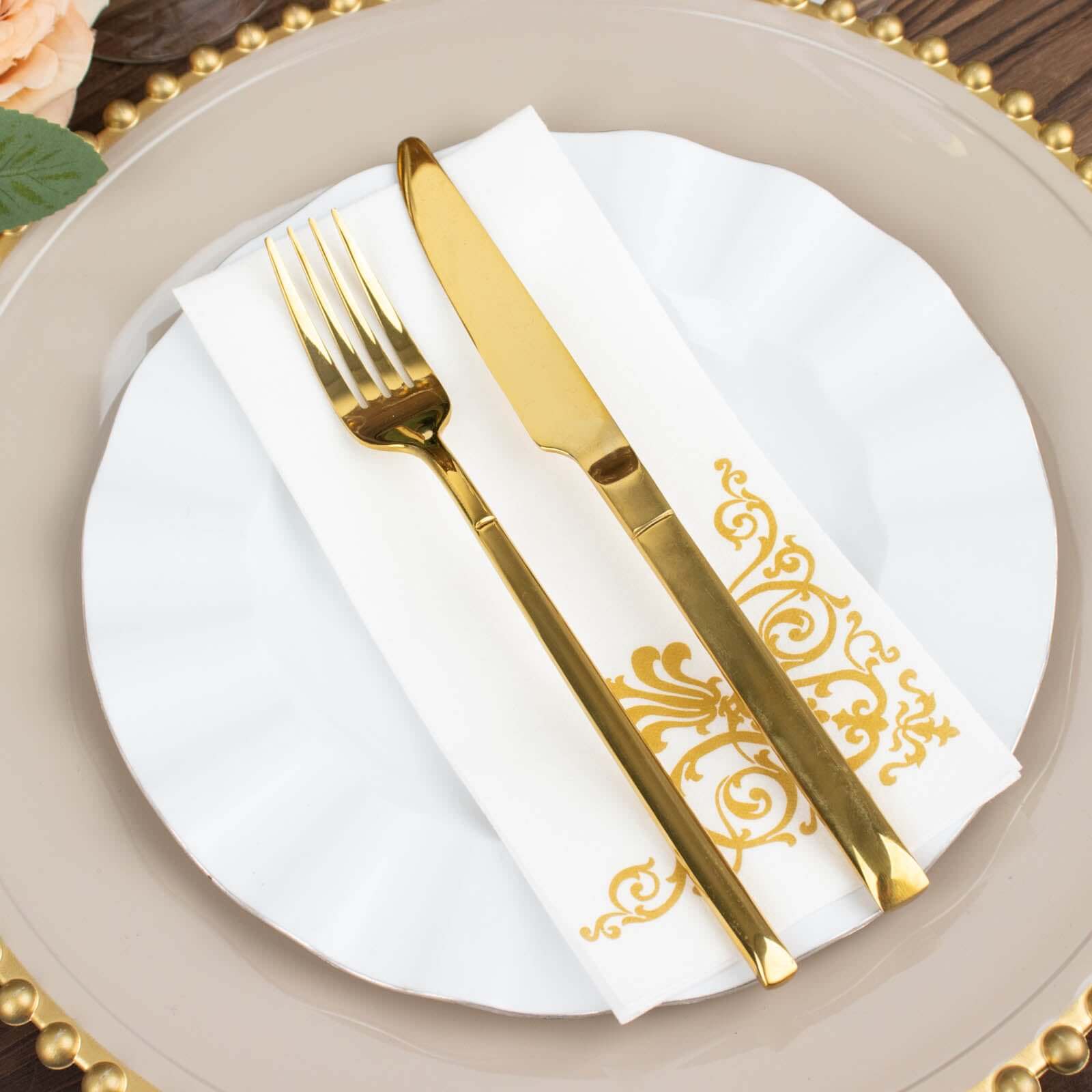 25 Pack White Linen-Feel Dinner Paper Napkins with Gold Fleur Vintage Print, Premium Cloth-Like Airlaid Disposable Napkins, Soft and Absorbent Guest Towels