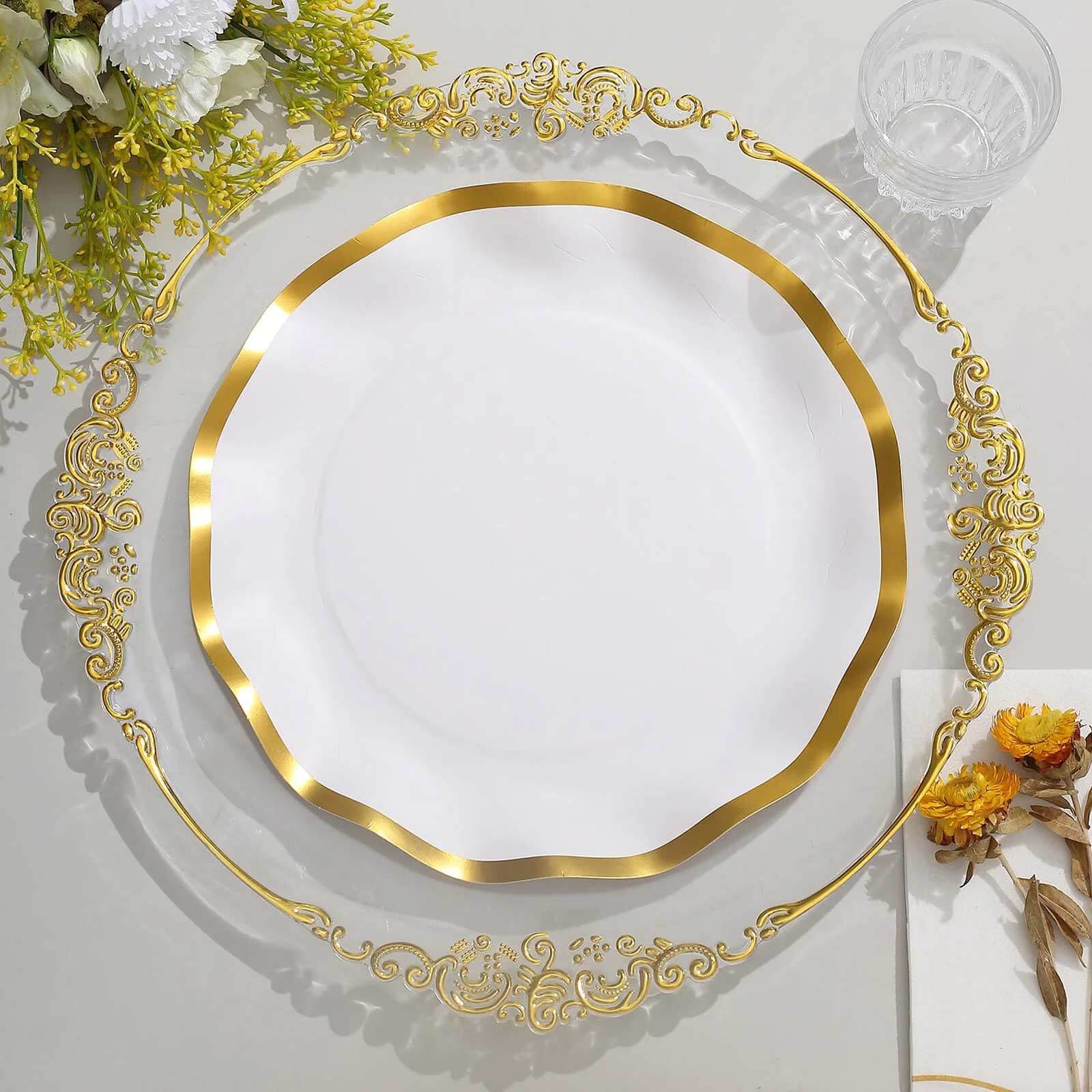 25-Pack Paper Round Dinner Plates 10 Matte White with Gold Wavy Rim - Disposable 350GSM Party Plates for Banquets & Upscale Gatherings