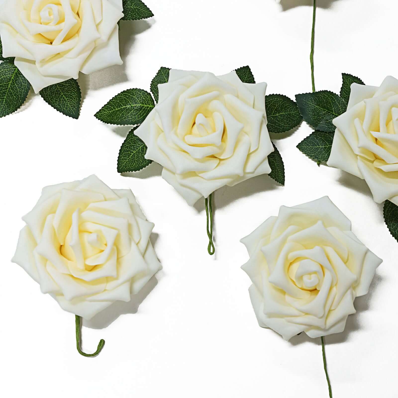 24 Roses 5 Cream Artificial Foam Flowers With Stem Wire and Leaves