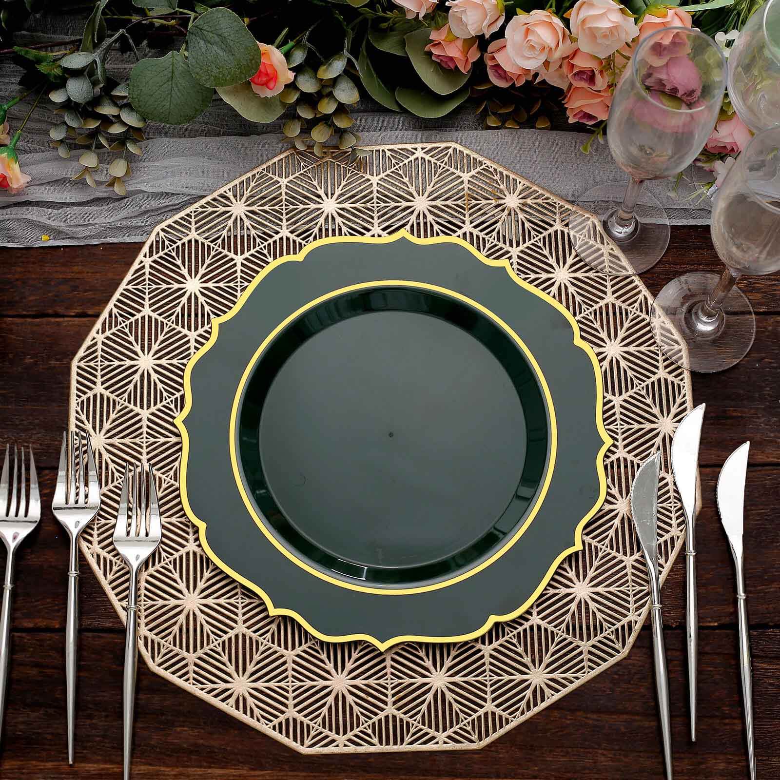 10-Pack Plastic 10 Round Dinner Plates in Hunter Emerald Green with Gold Scalloped Rim - Disposable Party Plates