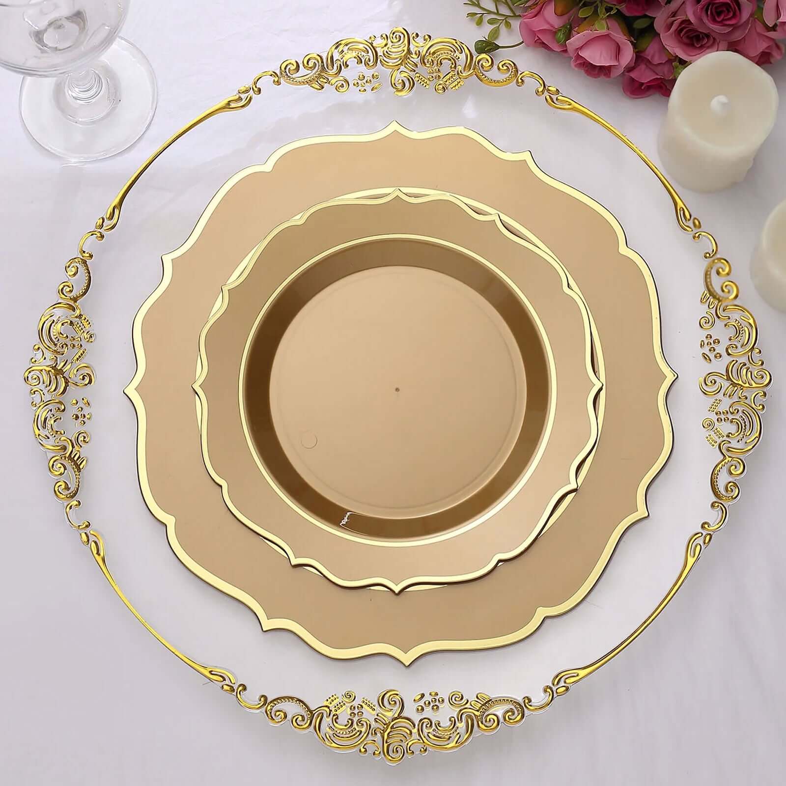 10-Pack Plastic 8 Round Desert Plates in Gold with Gold Scalloped Rim - Disposable Appetizer/Salad Plates