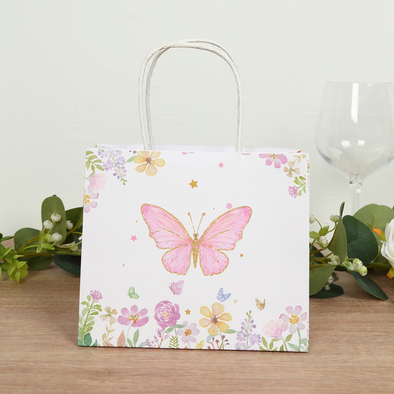 12 Pack Pink Glitter Butterfly Paper Favor Bags with Handles, Floral Print White Goodie Gift Bags - 6x7