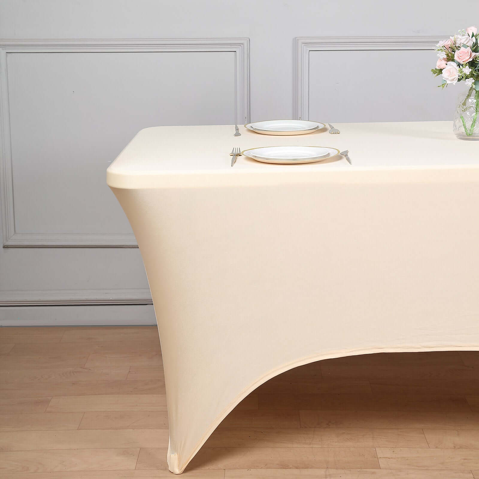 Stretch Spandex 6ft Rectangle Tablecloth Beige - Durable Form-Fitting Table Cover for Events & Presentations