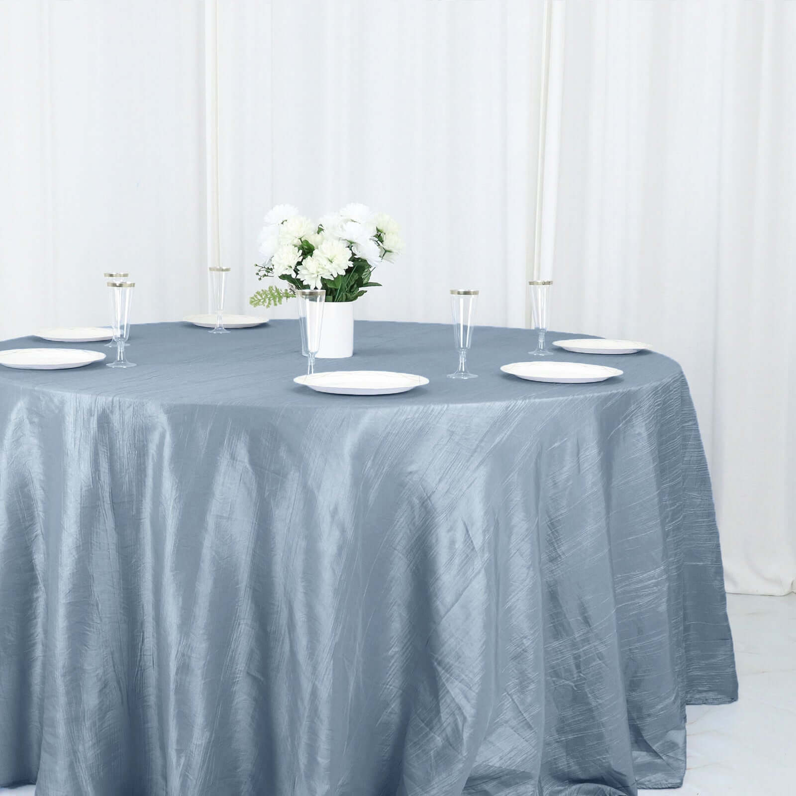 Taffeta 132 Round Tablecloth Dusty Blue - Seamless Accordion Crinkle Table Cover