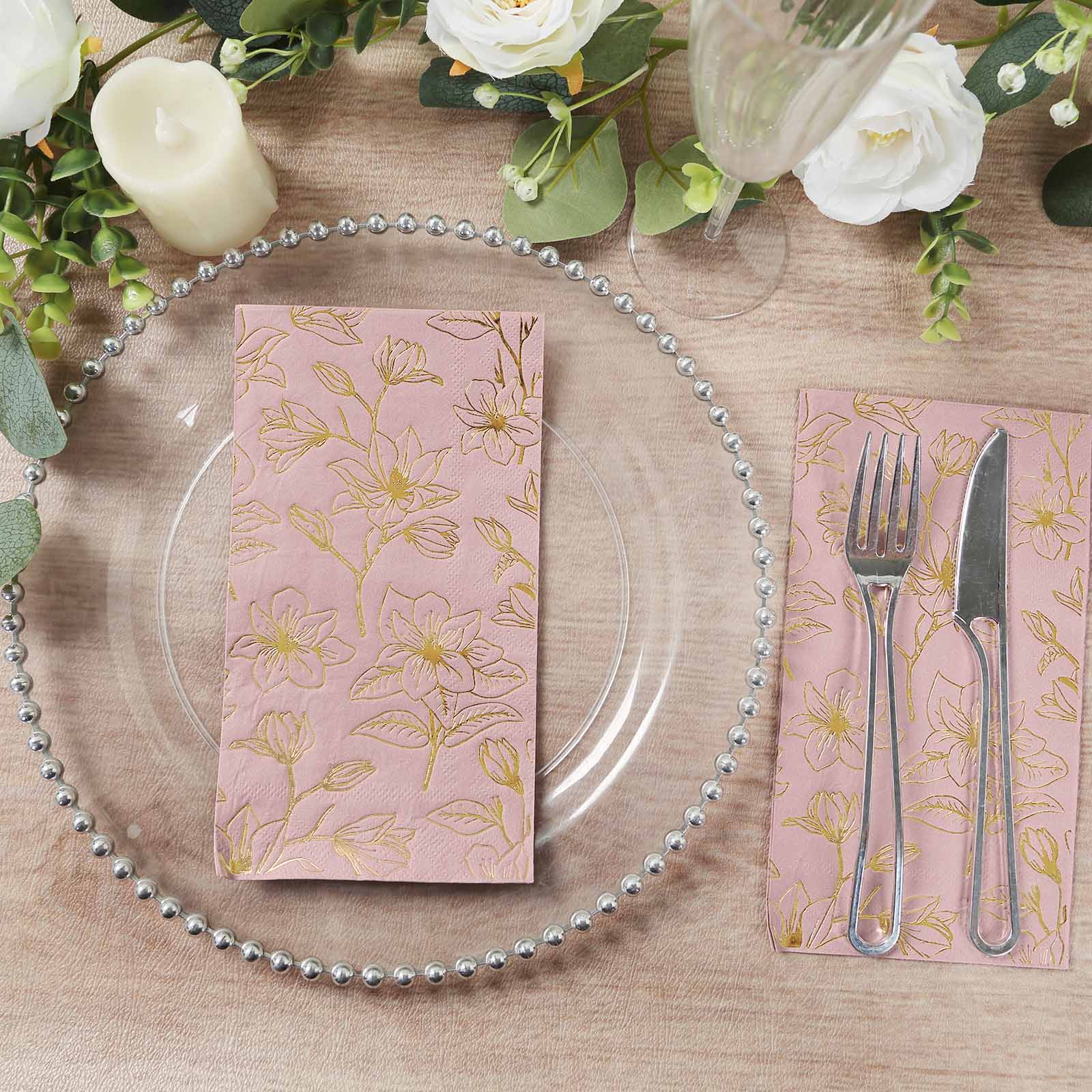 50-Pack Paper Dinner Napkins Dusty Rose with Gold Magnolia Flowers Print 2-Ply - Disposable Soft Napkins for Parties