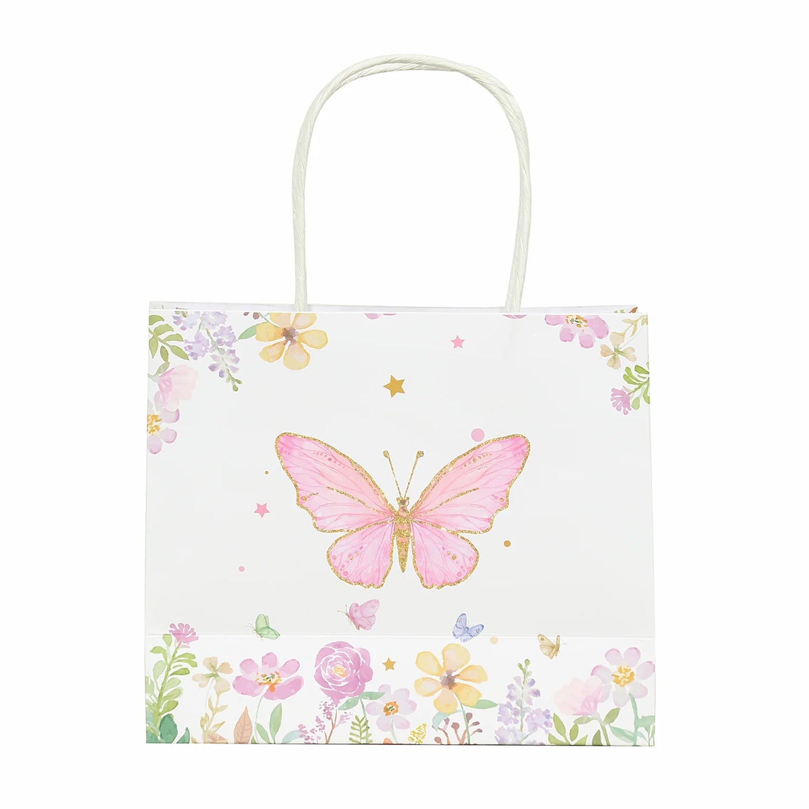 12 Pack Pink Glitter Butterfly Paper Favor Bags with Handles, Floral Print White Goodie Gift Bags - 6x7