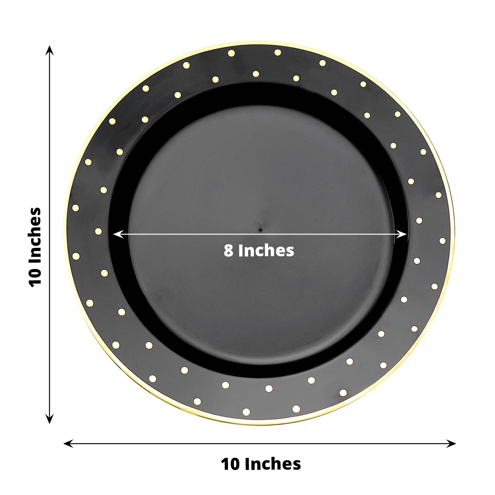 10 Pack 10 Black With Gold Dot Rim Plastic Dinner Plates, Round Disposable Tableware Plates