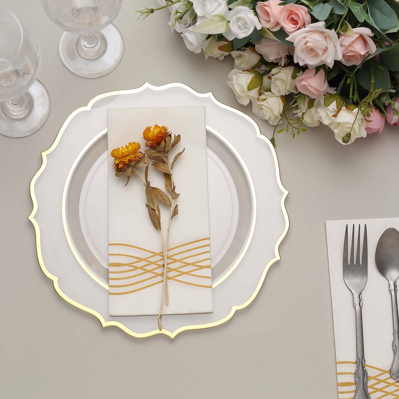 10-Pack Plastic 10 Round Dinner Plates in Clear with Gold Scalloped Rim - Disposable Party Plates