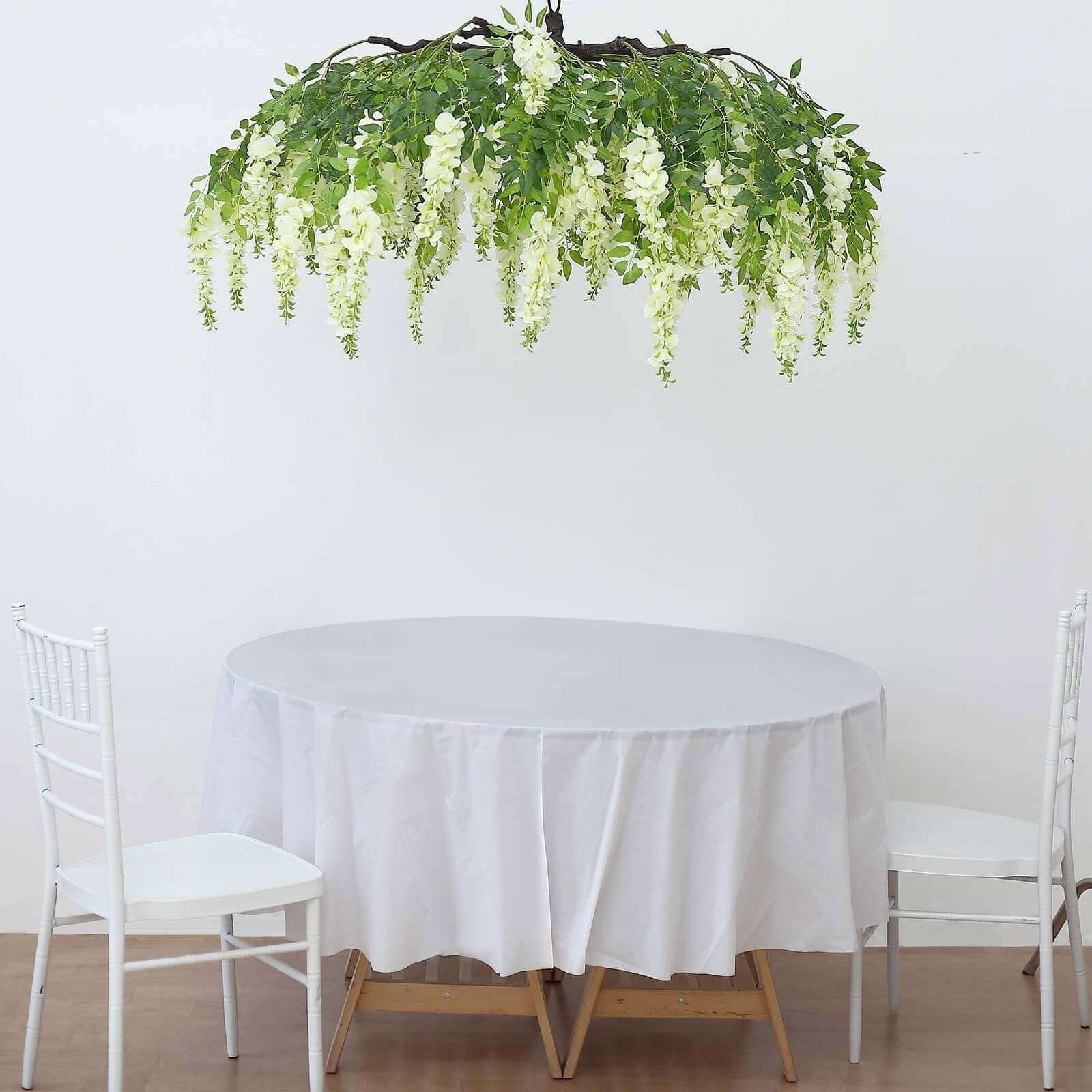 55 Cream Artificial Silk Hanging Wisteria Vine Flower Chandelier, Round Draping Garland Canopy With Interchangeable Branches