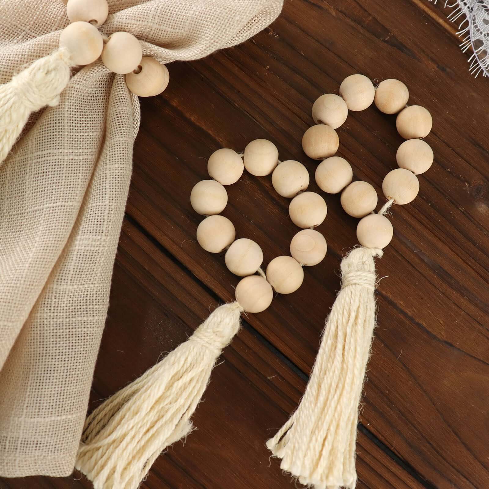 4 Pack 6 Cream Rustic Boho Chic Wood Bead Napkin Rings With Tassels, Farmhouse Country Napkin Holders