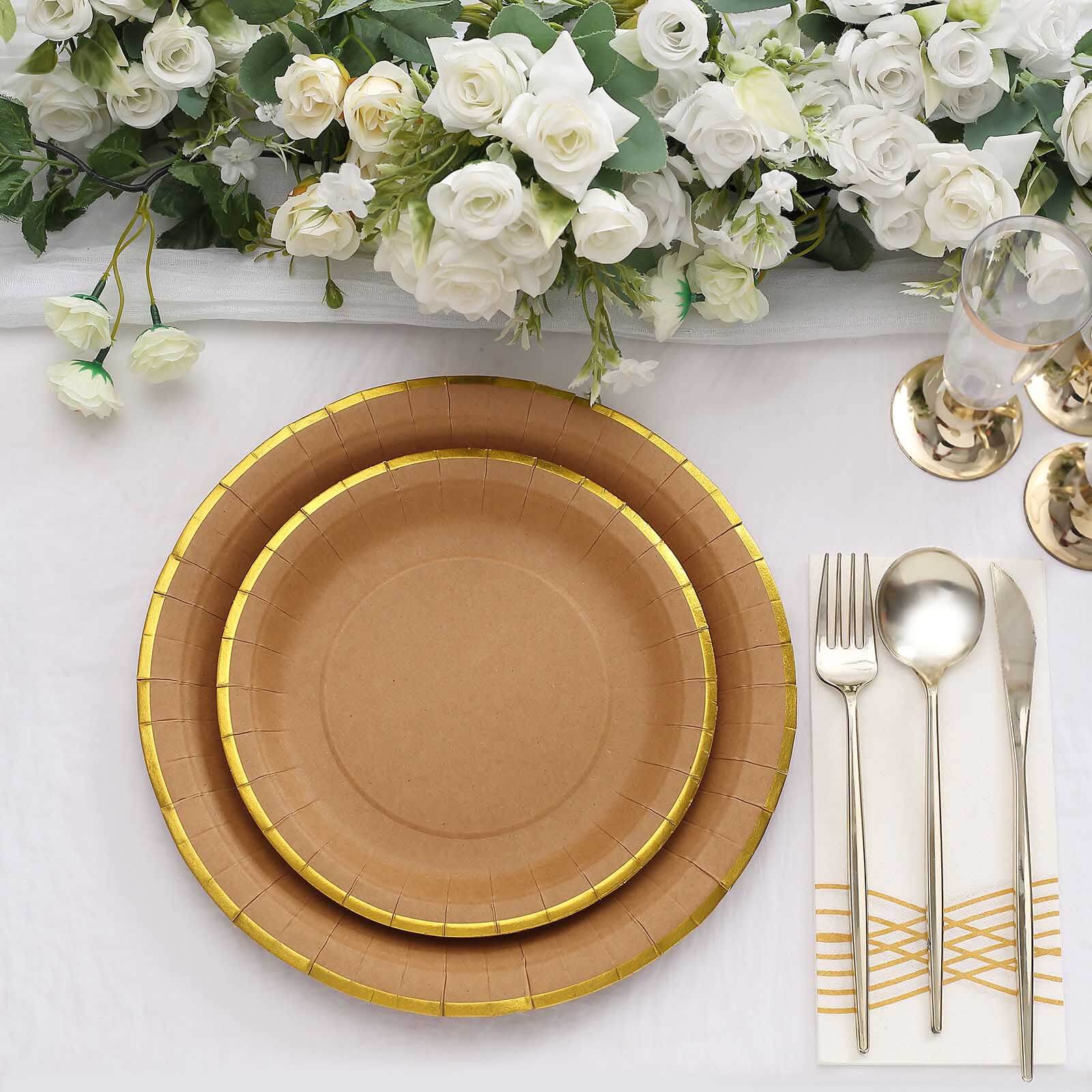 25-Pack Kraft Paper 10 Round Dinner Plates in Natural Brown with Gold Lined Rim - Disposable Party Plates for Rustic & Vintage Inspired Events