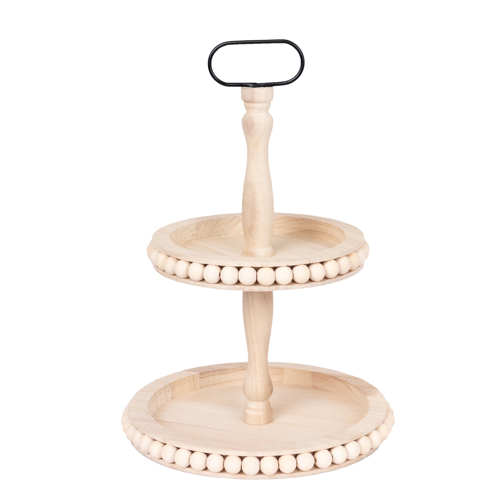 2-Tier Wooden Serving Tray Stand Beaded Design with Metal Handle Natural - Round Rustic Farmhouse Cupcake Display 17